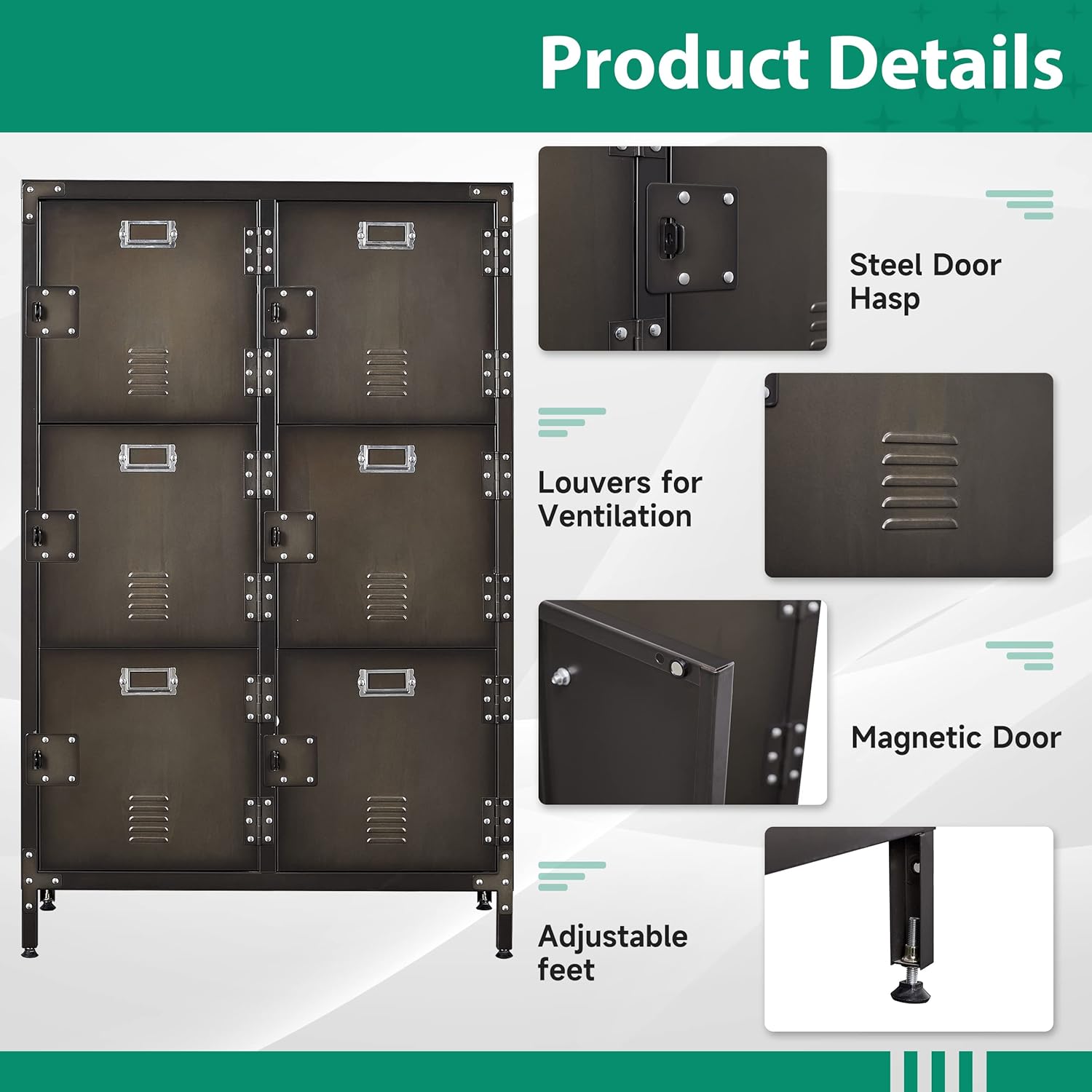 Metal Storage Locker,47" Steel Retro Cabinets 6 Doors Lockable,Adjustable Feet Organizer Cabinets for Employees Home Office School Gym (6 Door)