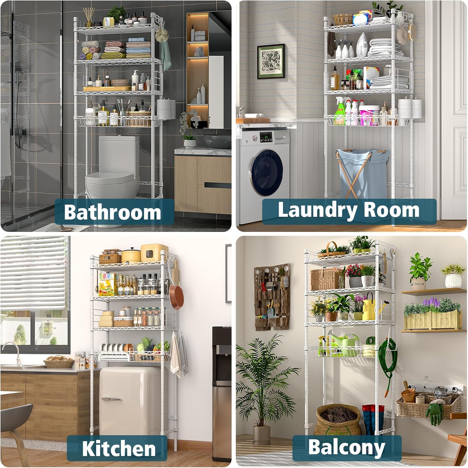 4-Tier Over-the-Toilet Storage Rack, Adjustable Freestanding Bathroom Shelf Organizer with Hooks for Bathroom & Laundry, Black