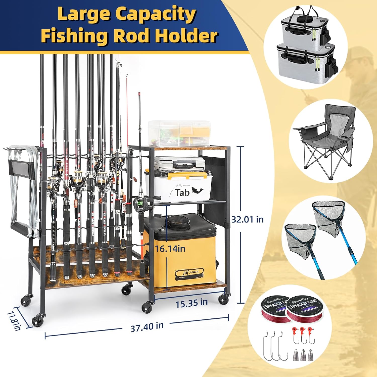 Fishing Rod Holders for Garage, Fishing Pole Holders Rolling Cart with Tackle Storage Organizer for Boat Home Entryway, Equipment Box & Reel Organization, Ideal Gift for Men Dad Anglers