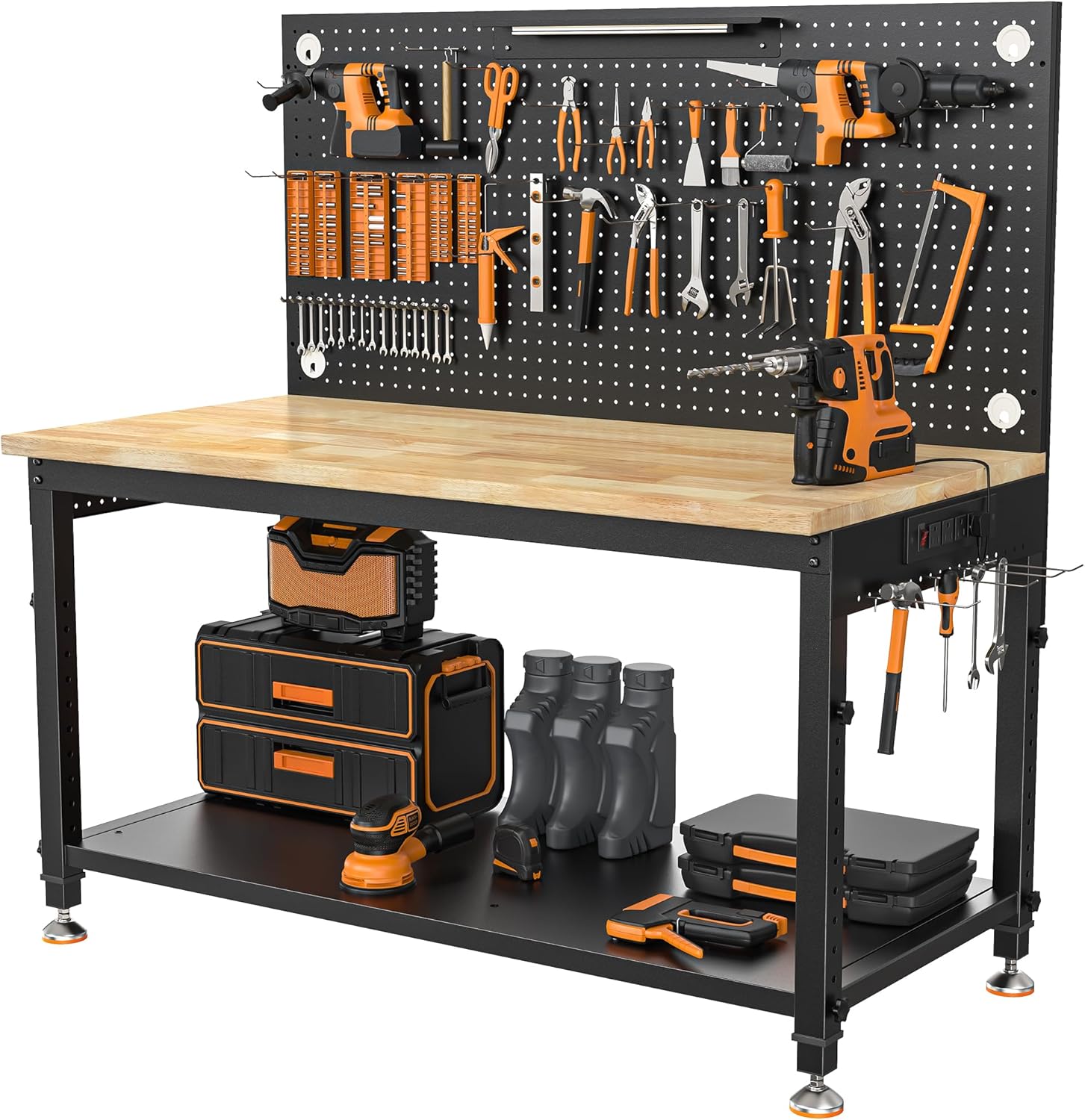 48" Adjustable Heavy Duty Workbench, 2000 lbs Load Rubberwood Work Table with Storage Shelf, Pegboard, LED Light & Power Strip for Garage & Woodworking Shop