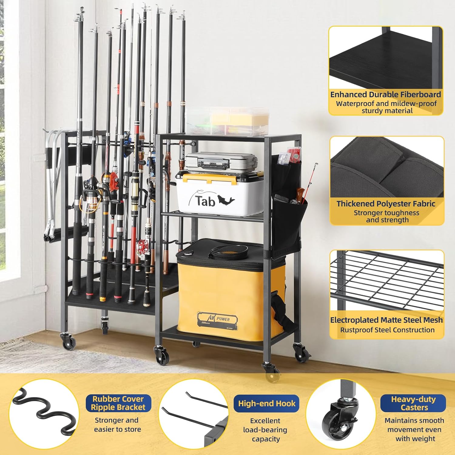 Fishing Rod Holders for Garage, Fishing Pole Holders Rolling Cart with Tackle Storage Organizer for Boat Home Entryway, Equipment Box & Reel Organization, Ideal Gift for Men Dad Anglers