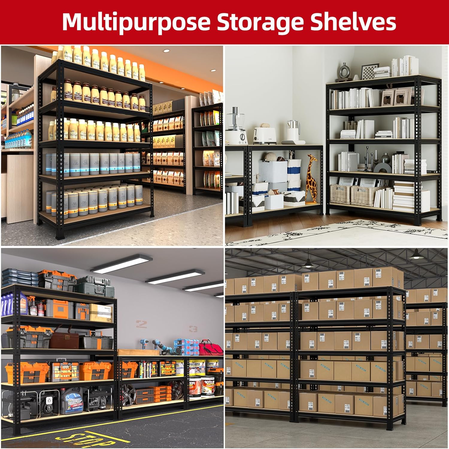 5-Tier Heavy Duty Metal Shelving Unit, Adjustable Garage Storage Rack for Warehouse & Pantry, 31.5"W x 16"D x 63"H, Black