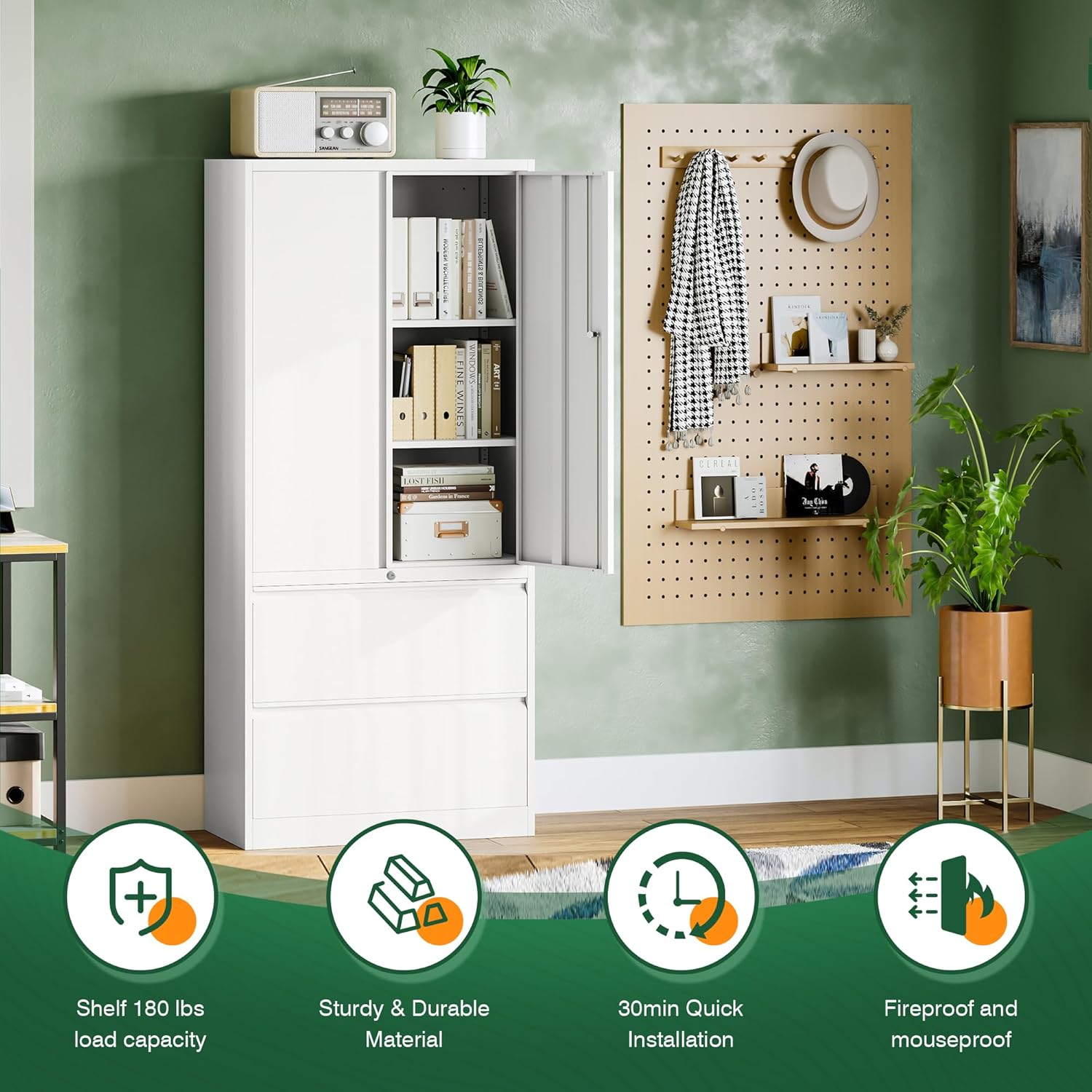 Metal Storage Cabinets for Home Office,File Cabinet-2 Drawers with Lock and Adjustable Shelves-Hang Legal/Letter/A4/F4 Size Filing-White