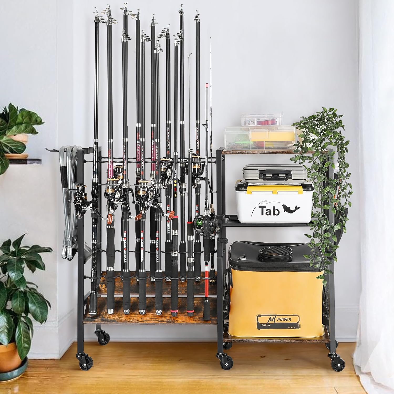 Fishing Rod Holders for Garage, Fishing Pole Holders Rolling Cart with Tackle Storage Organizer for Boat Home Entryway, Equipment Box & Reel Organization, Ideal Gift for Men Dad Anglers