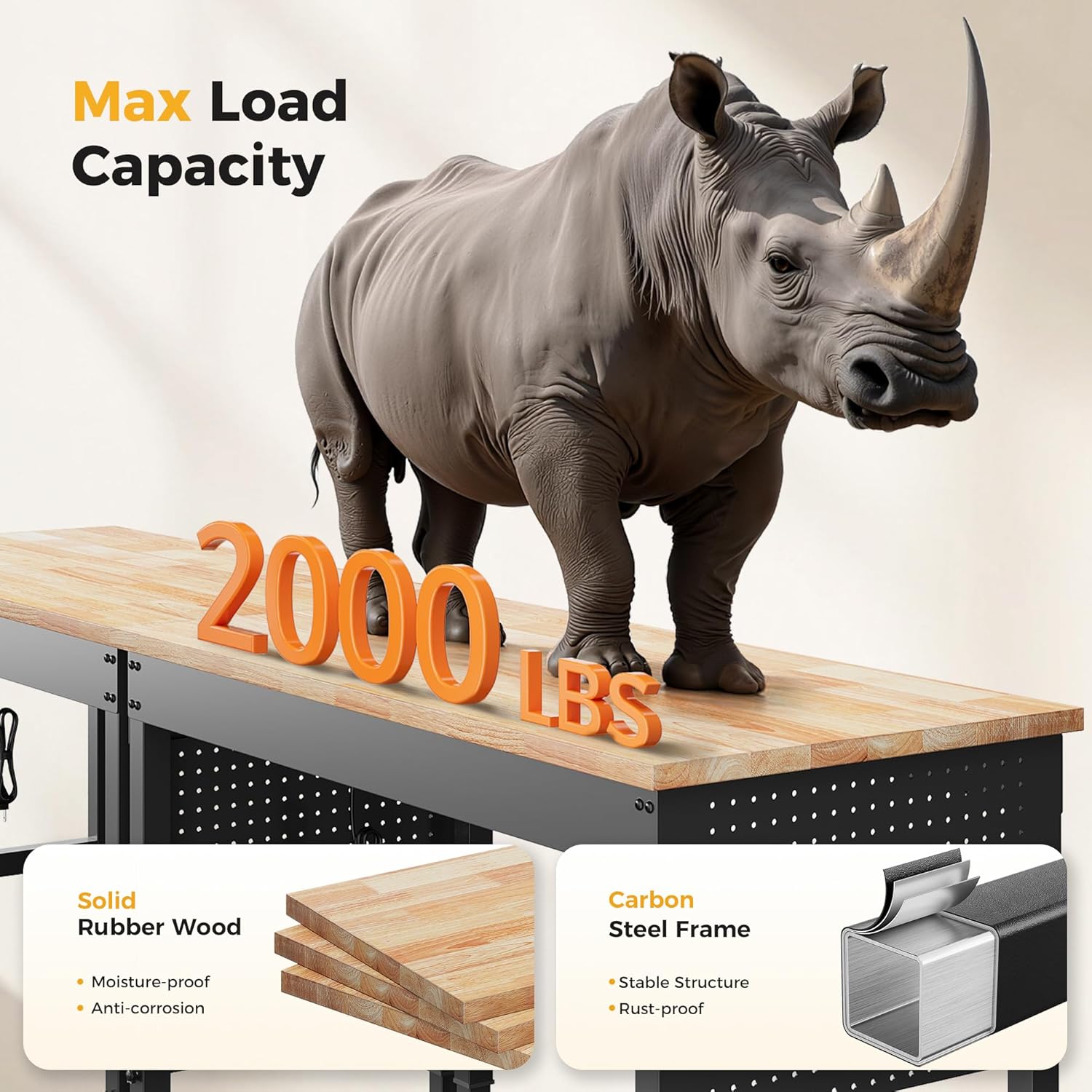 96" Adjustable Heavy Duty Workbench, 2000 lbs Load Rubberwood Work Table with Pegboard & Power Outlets for Garage, Workshop & Commercial Use