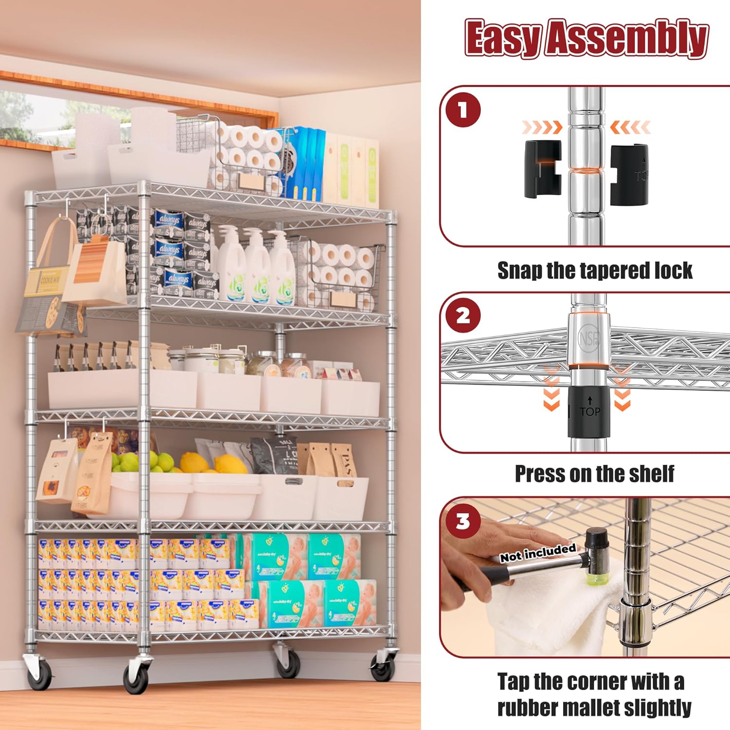 5-Tier Heavy Duty Wire Shelving with Wheels, Adjustable NSF-Certified Rolling Storage Rack for Kitchen, Garage & Laundry, 36"W x 14"D x 74"H