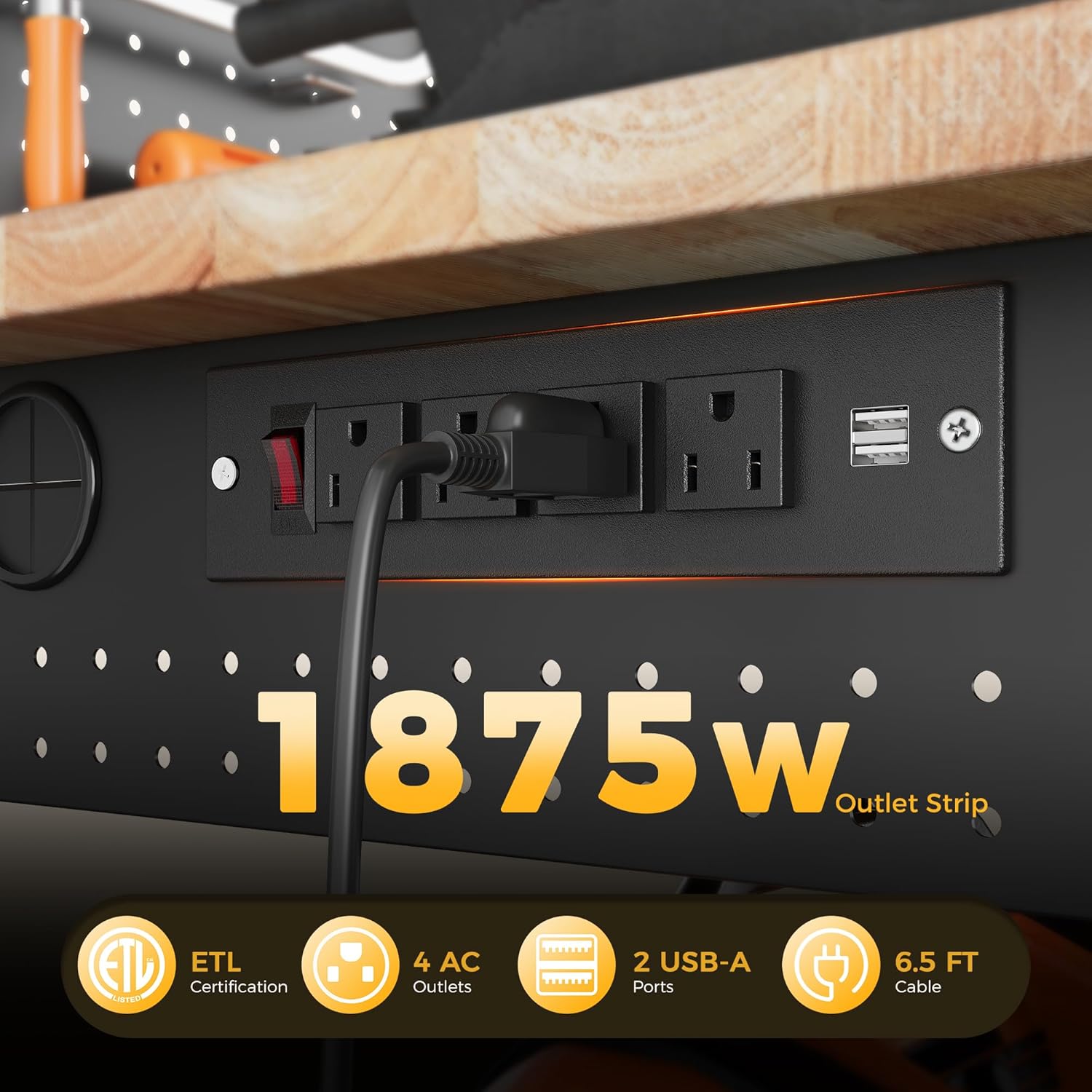 Heavy Duty Adjustable Workbench with Storage Shelf, Rubberwood Tabletop with Pegboard, LED Light & Power Strip for Garage & Workshop, 60"W, 2000 lbs Capacity