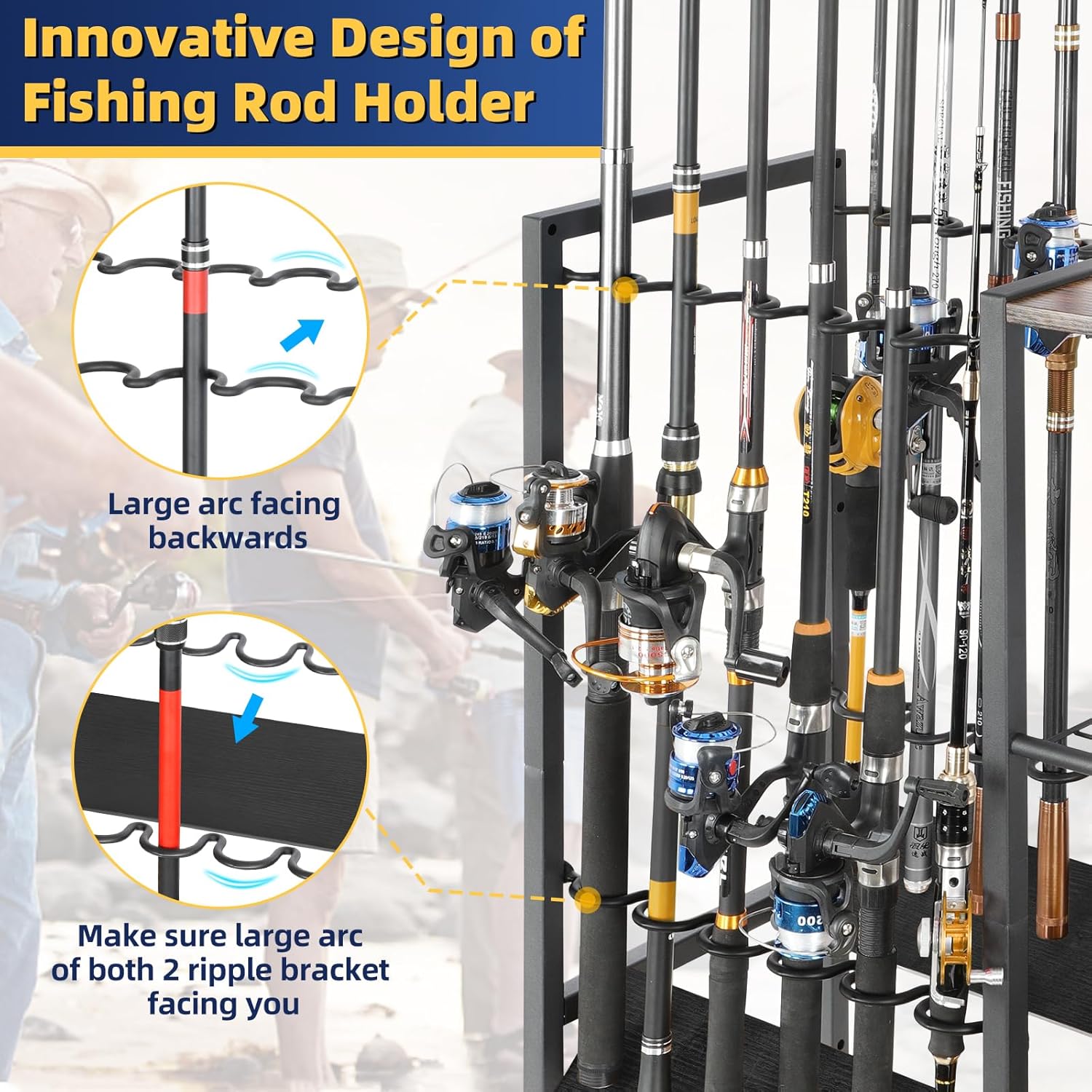 Fishing Rod Holders for Garage, Fishing Pole Holders Rolling Cart with Tackle Storage Organizer for Boat Home Entryway, Equipment Box & Reel Organization, Ideal Gift for Men Dad Anglers