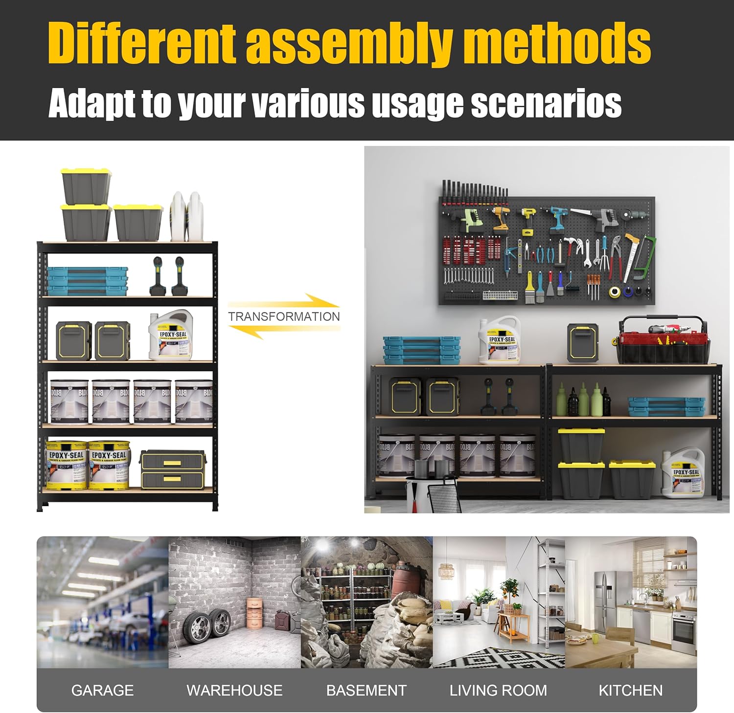 5-Tier Heavy Duty Metal Storage Shelving Unit, Adjustable Garage Utility Rack for Warehouse, Pantry & Closet, 47"W x 23.6"D x 71"H, Black