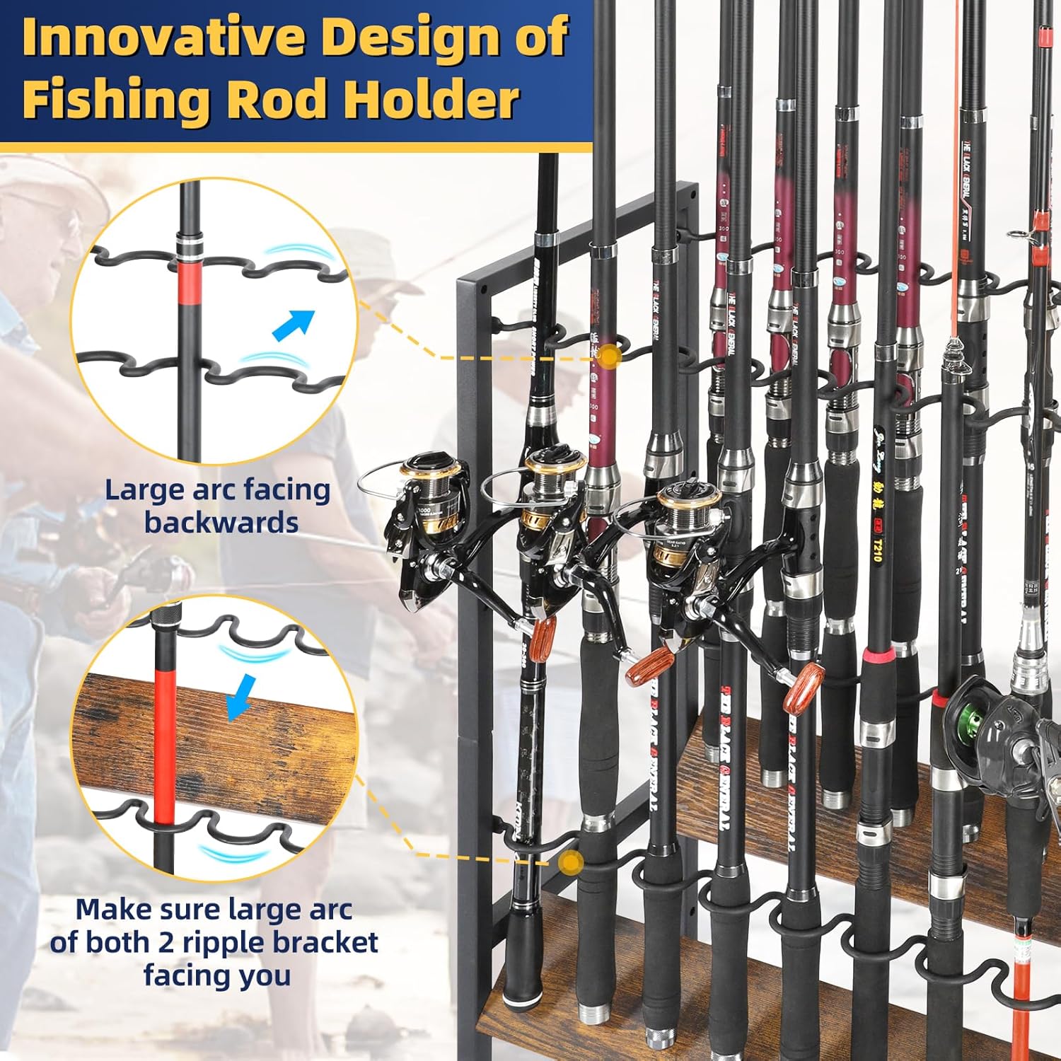 Fishing Rod Holders for Garage, Fishing Pole Holders Rolling Cart with Tackle Storage Organizer for Boat Home Entryway, Equipment Box & Reel Organization, Ideal Gift for Men Dad Anglers
