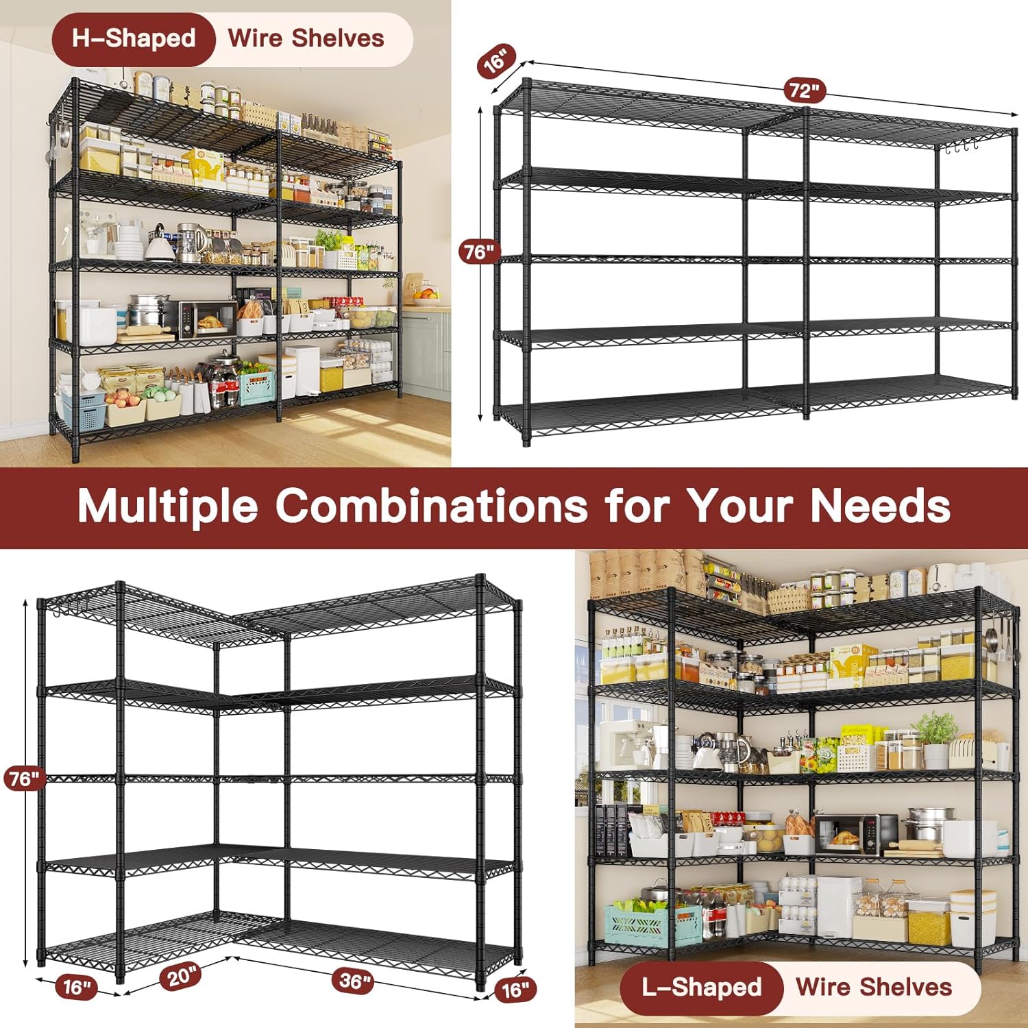5-Tier Heavy Duty Steel Wire Shelving Unit, Adjustable Garage Storage Rack for Warehouse, Kitchen & Pantry, 72"W x 16"D x 76"H, Black