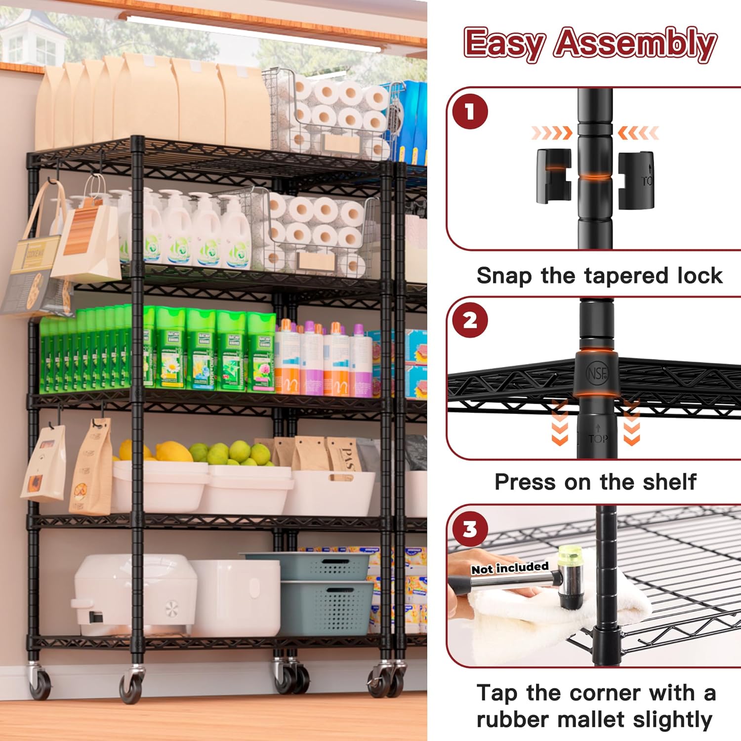 4-Tier Heavy Duty Wire Shelving with Wheels, Adjustable NSF-Certified Rolling Storage Rack for Garage & Pantry, 60"W x 24"D x 76"H