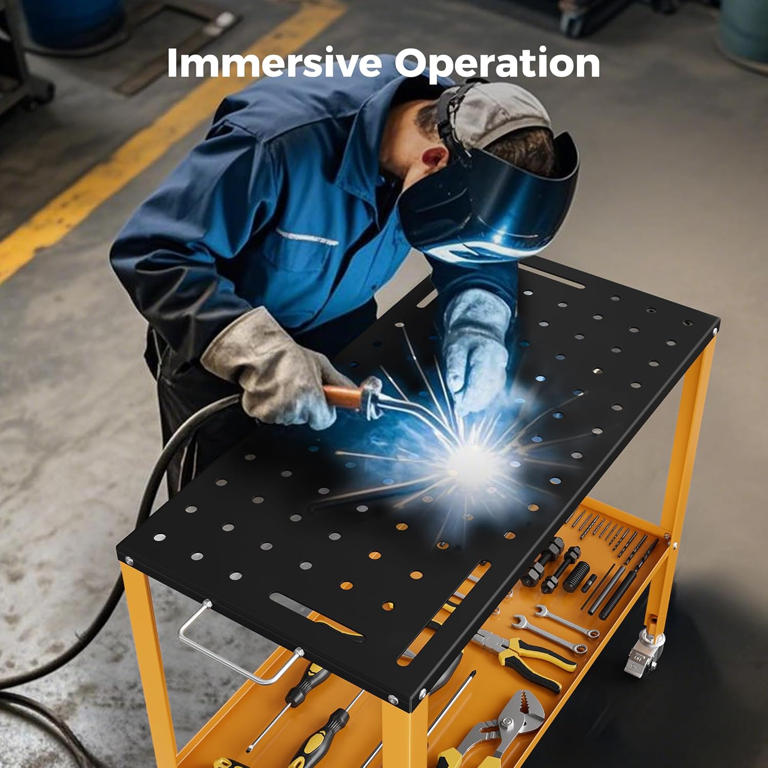 36"W x 18"D Heavy Duty Welding Table, 1200 lbs Steel Welding Workbench with Locking Casters, Storage Tray & Fixture Holes for Garage & Workshop, Black