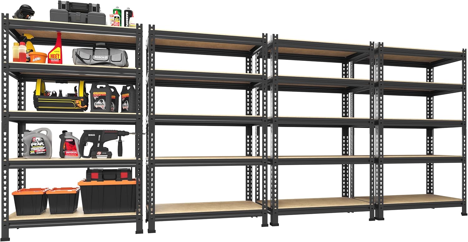5-Tier Heavy Duty Metal Storage Shelves, Adjustable Utility Rack for Garage, Pantry & Closet, 28"W x 12"D x 59"H, Black