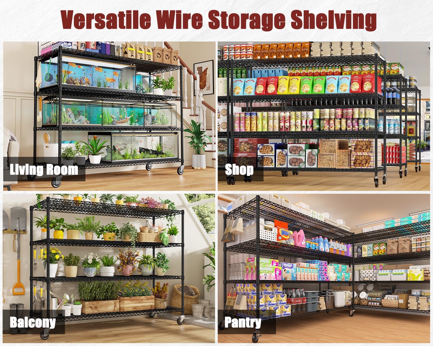 4-Tier Heavy Duty Wire Shelving with Wheels, Adjustable NSF-Certified Rolling Storage Rack for Garage & Pantry, 60"W x 24"D x 76"H