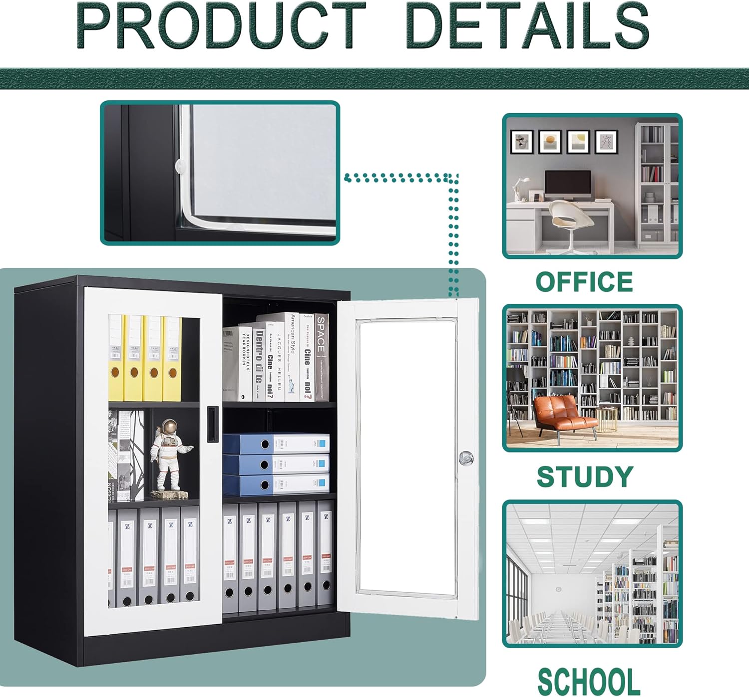 Storage Cabinet with Doors and Shelves,71" Steel Locker Acrylic Glass Door with Lock, for School Home Office