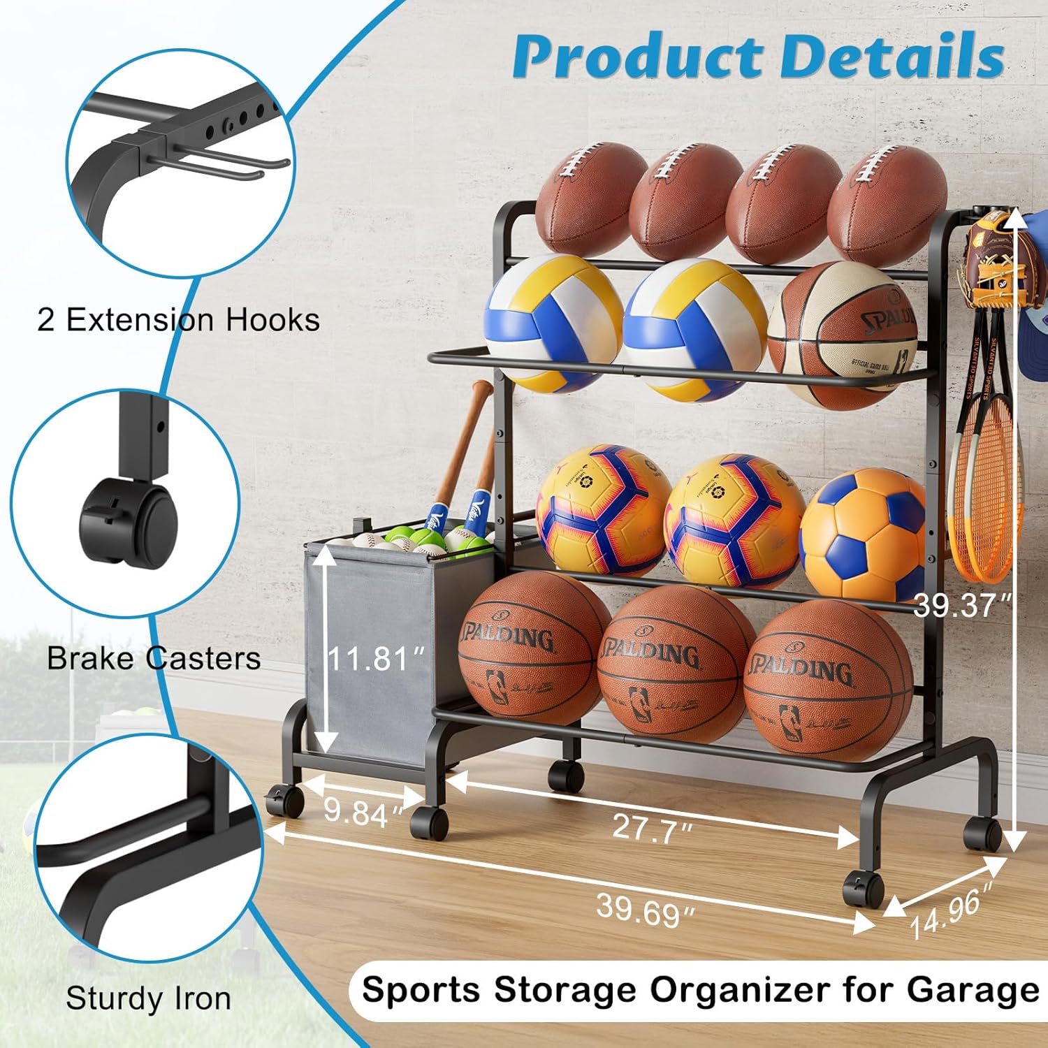 Ball Storage Rack, Adjustable Basketball Holder Display Stand with Ball Basket Bin Hooks, Outdoor Ball Cart with wheels for Soccer Football Tennis Baseball, Sport Equipment Organizer for Garage Gym