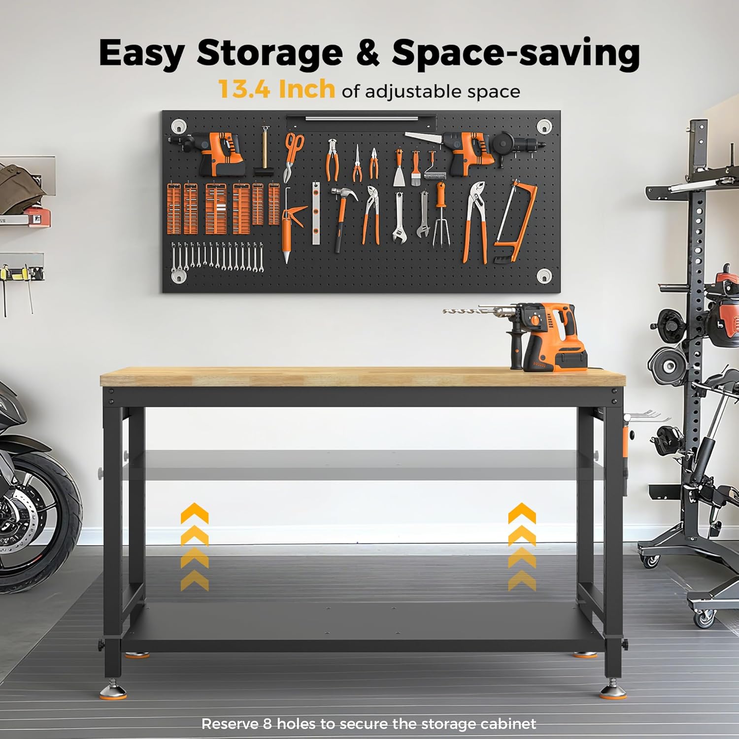 48" Adjustable Heavy Duty Workbench, 2000 lbs Load Rubberwood Work Table with Storage Shelf, Pegboard, LED Light & Power Strip for Garage & Woodworking Shop