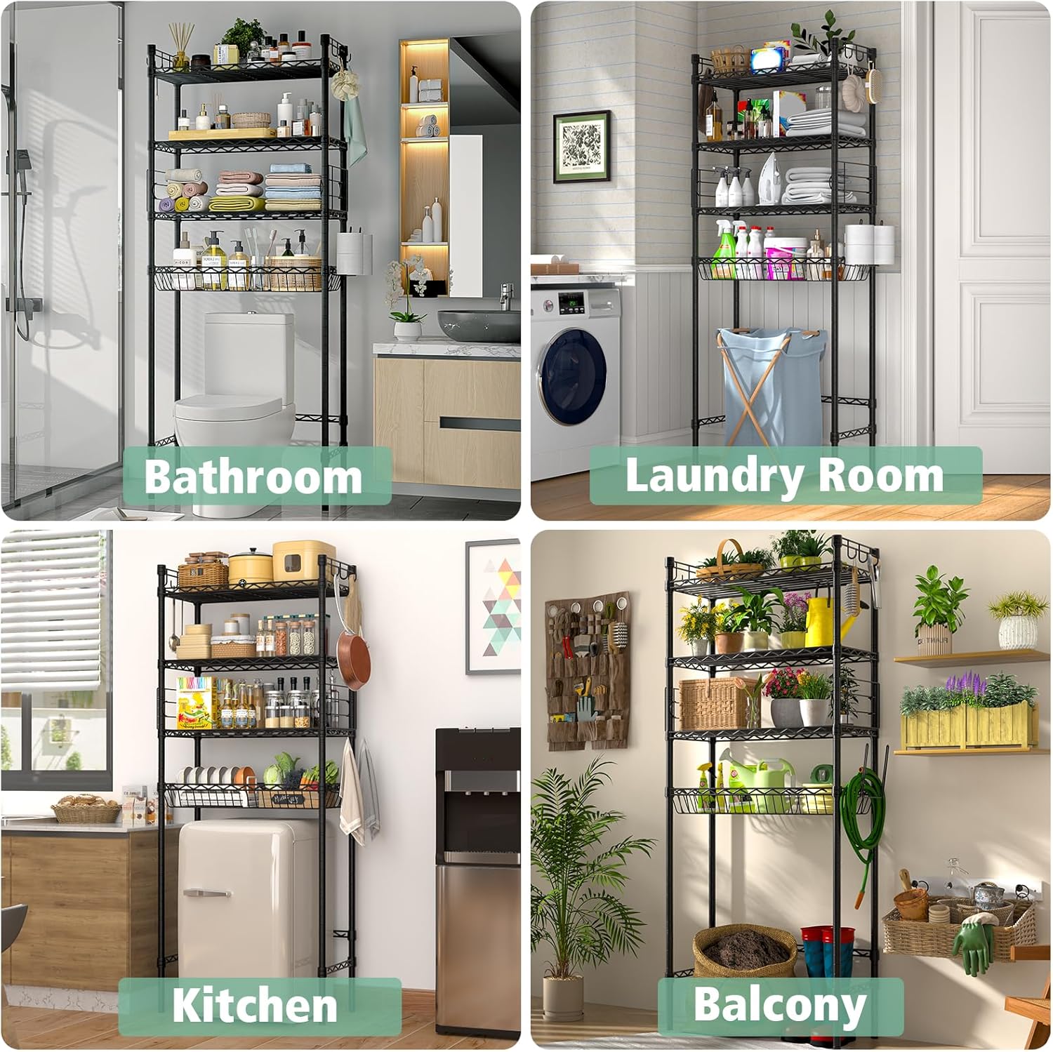 4-Tier Over-the-Toilet Storage Rack, Adjustable Freestanding Bathroom Shelf Organizer with Hooks for Bathroom & Laundry, Black