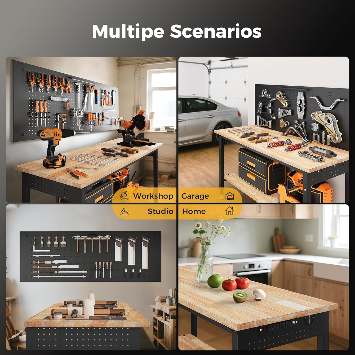 Heavy Duty Adjustable Workbench with Storage Shelf, Rubberwood Tabletop with Pegboard, LED Light & Power Strip for Garage & Workshop, 60"W, 2000 lbs Capacity