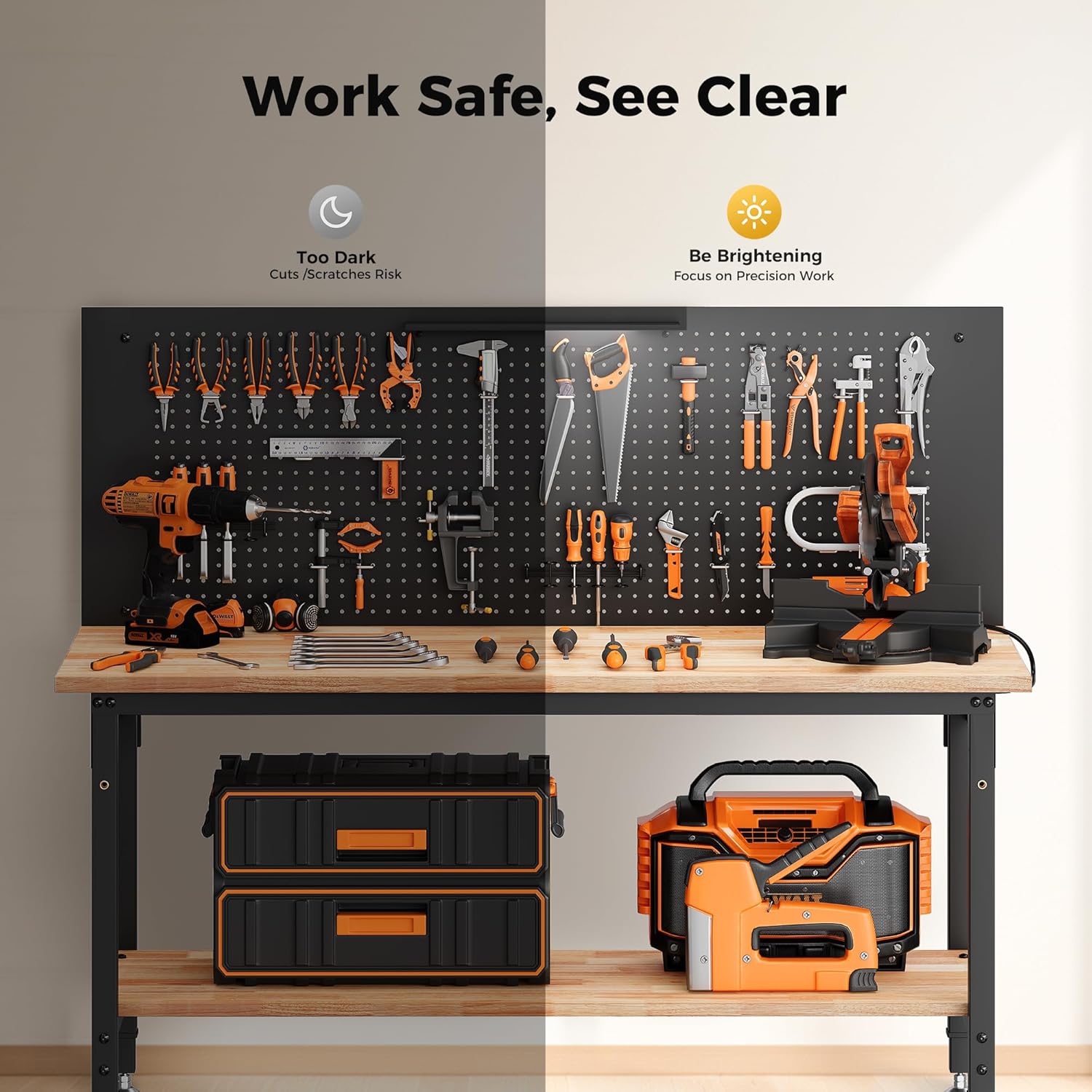 Heavy Duty Adjustable Workbench with Storage Shelf, Rubberwood Tabletop with Pegboard, LED Light & Power Strip for Garage & Workshop, 60"W, 2000 lbs Capacity