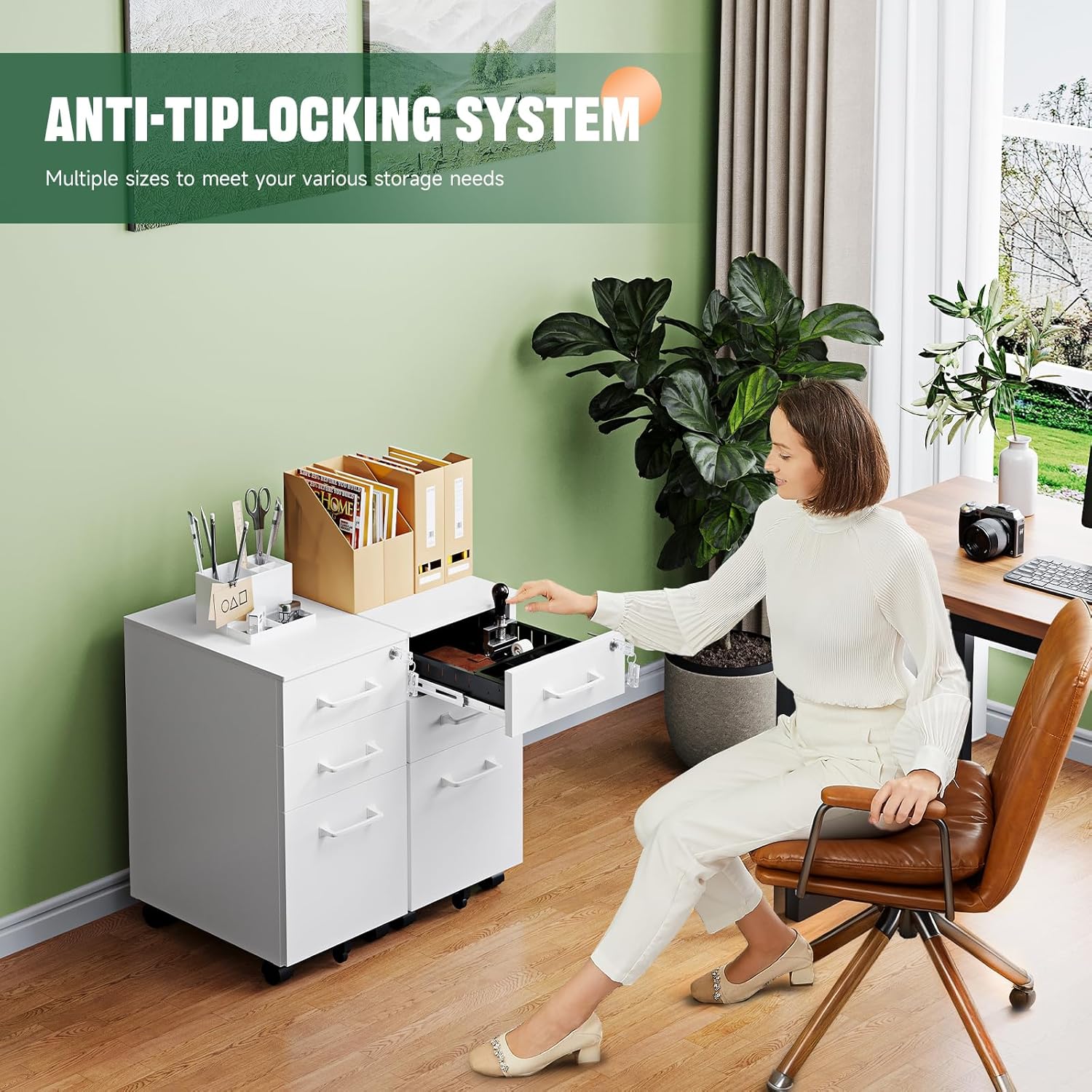 3 Drawer Mobile File Cabinet with Lock,Under Desk Metal Filing Cabinets for Home Office Organizer,Small Rolling Printer Stand with Wheels,for Letters/Legal/A4(Assembly Required) (White)