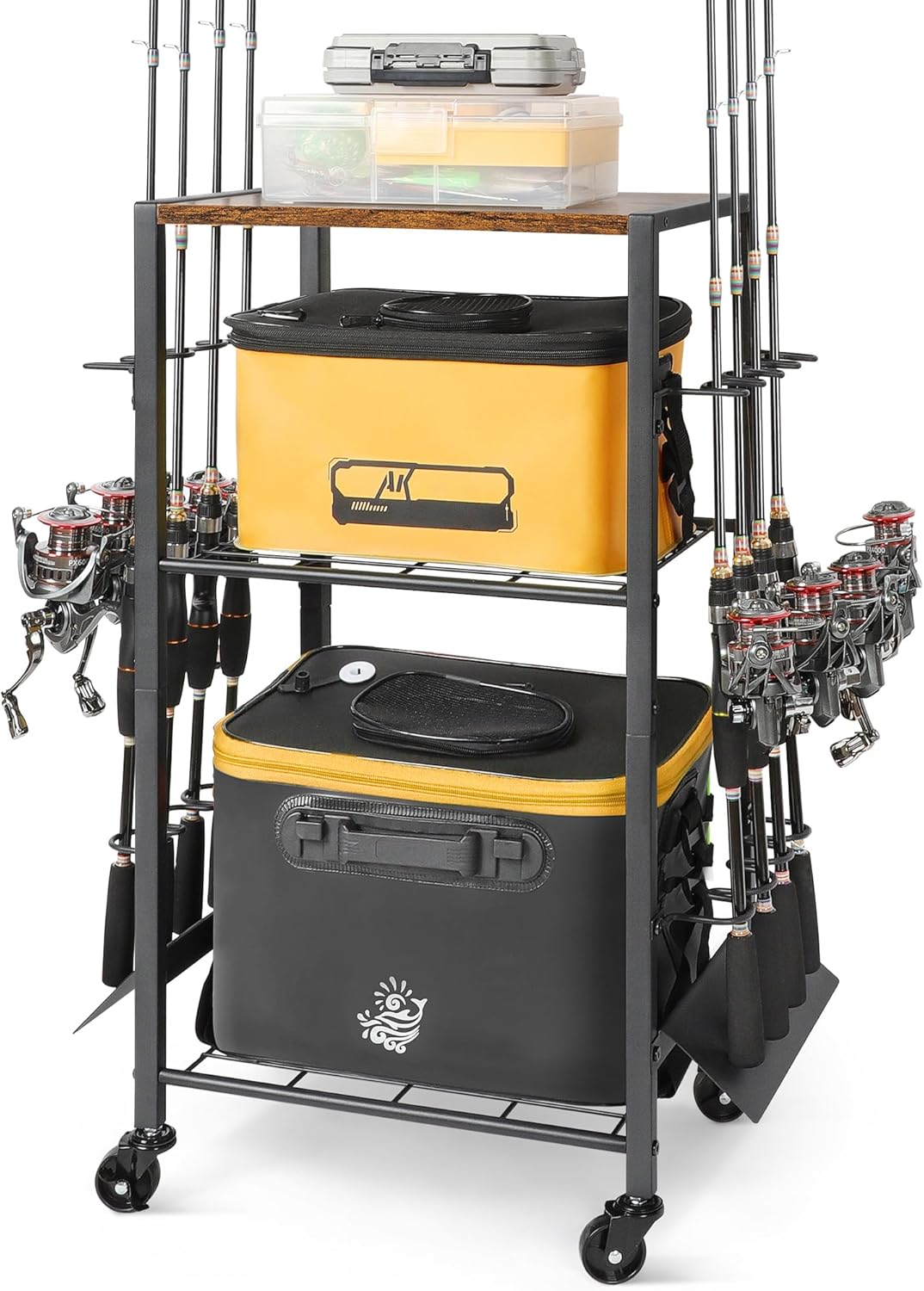 Fishing Rod Holders for Garage, Fishing Pole Holders Rolling Cart with Tackle Storage Organizer for Boat Home Entryway, Equipment Box & Reel Organization, Ideal Gift for Men Dad Anglers