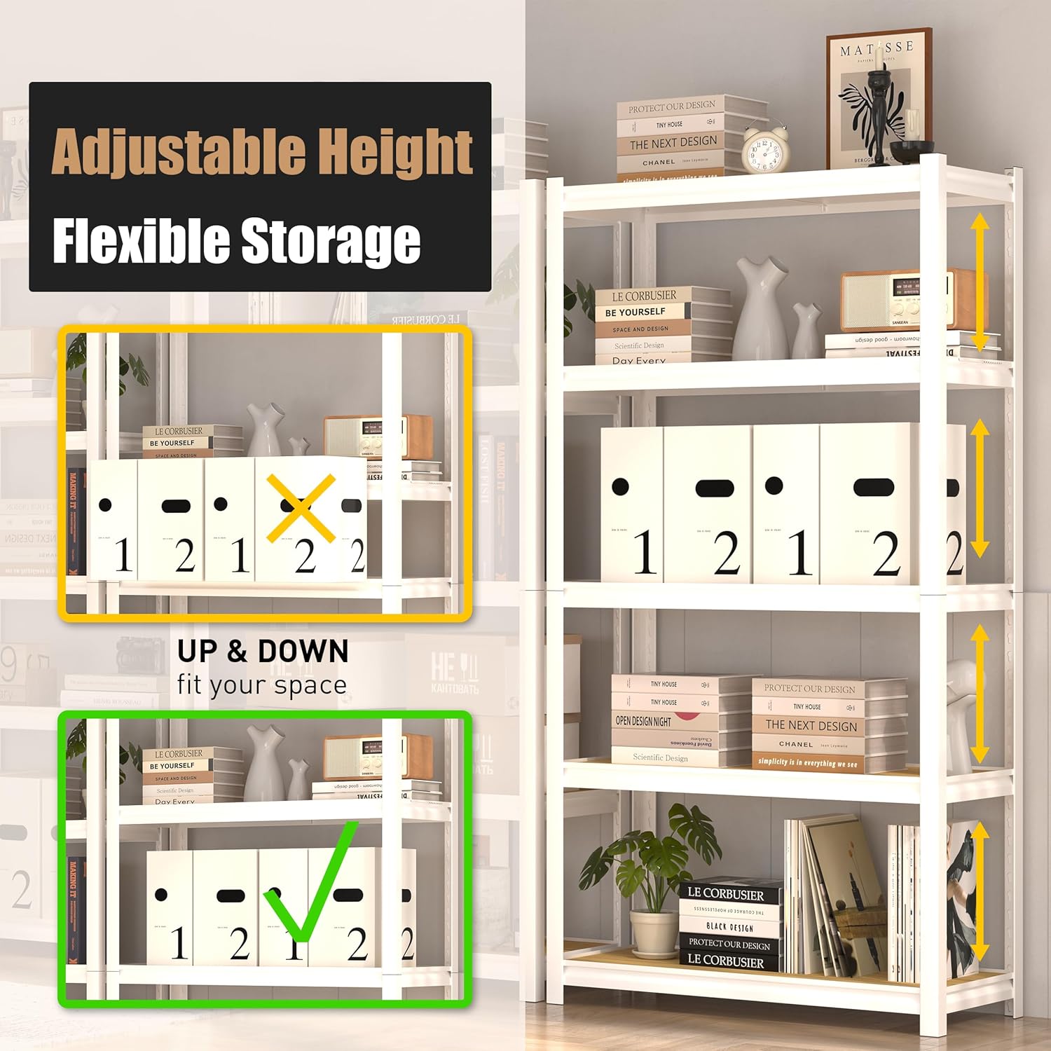 5-Tier Adjustable Bookshelf, Modern Open Storage Shelf for Living Room, Bedroom & Office, 27.6"W x 11.8"D x 59.8"H, White