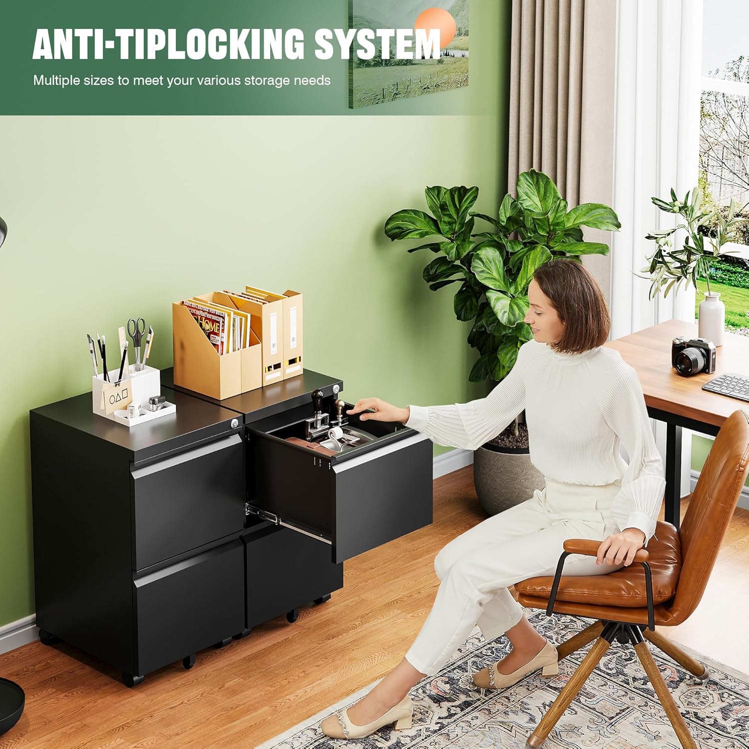 3 Drawer Mobile File Cabinet with Lock,Under Desk Metal Filing Cabinets for Home Office Organizer Letters/Legal/A4((Fully Assembled-Black)