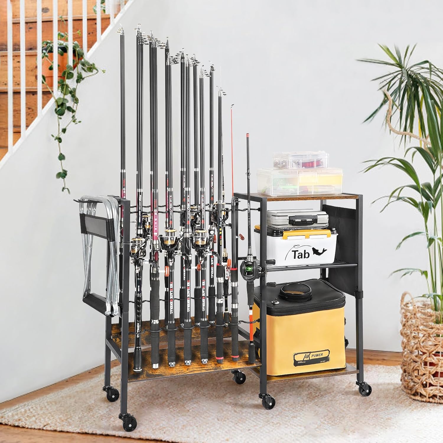 Fishing Rod Holders for Garage, Fishing Pole Holders Rolling Cart with Tackle Storage Organizer for Boat Home Entryway, Equipment Box & Reel Organization, Ideal Gift for Men Dad Anglers