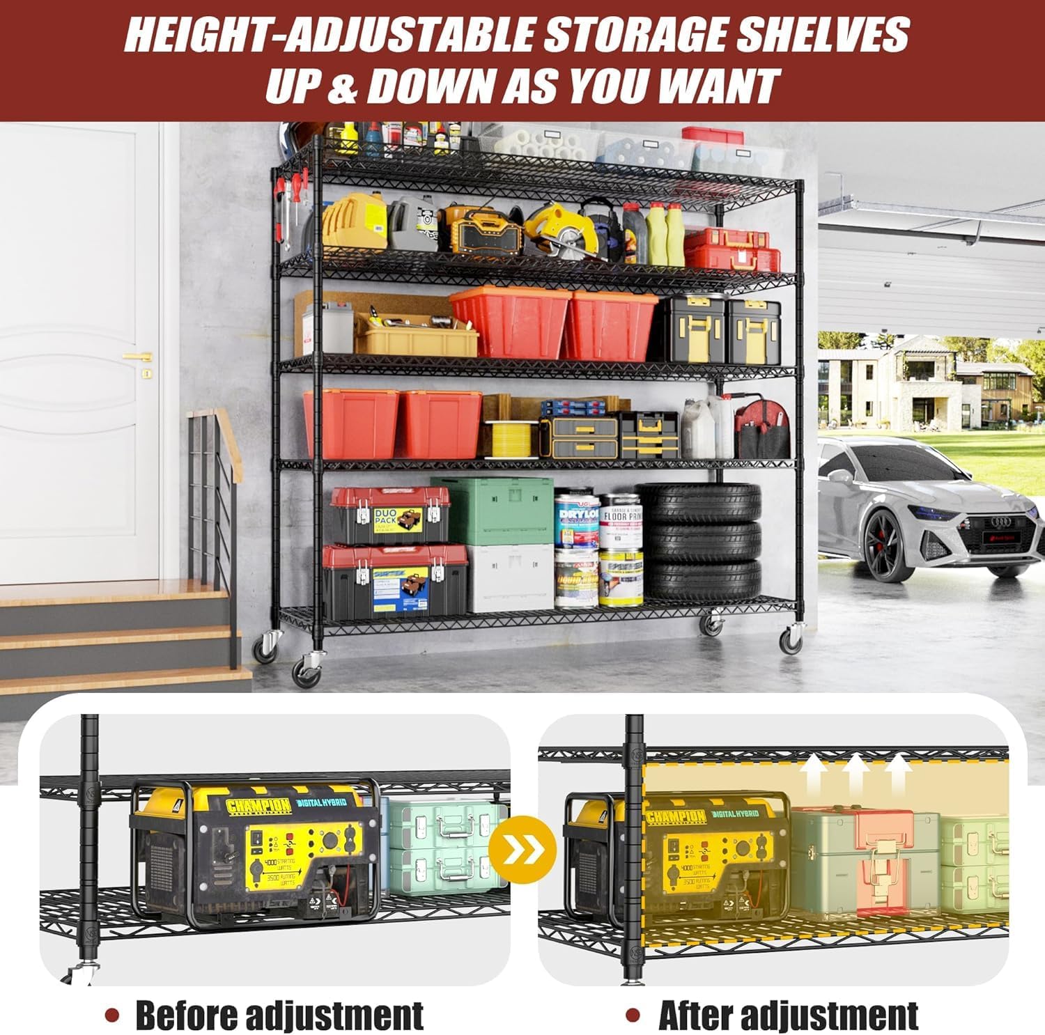 6-Tier Heavy Duty Wire Shelving with Wheels, Adjustable NSF-Certified Steel Storage Rack for Kitchen, Garage & Laundry, 36"W x 16"D x 79"H