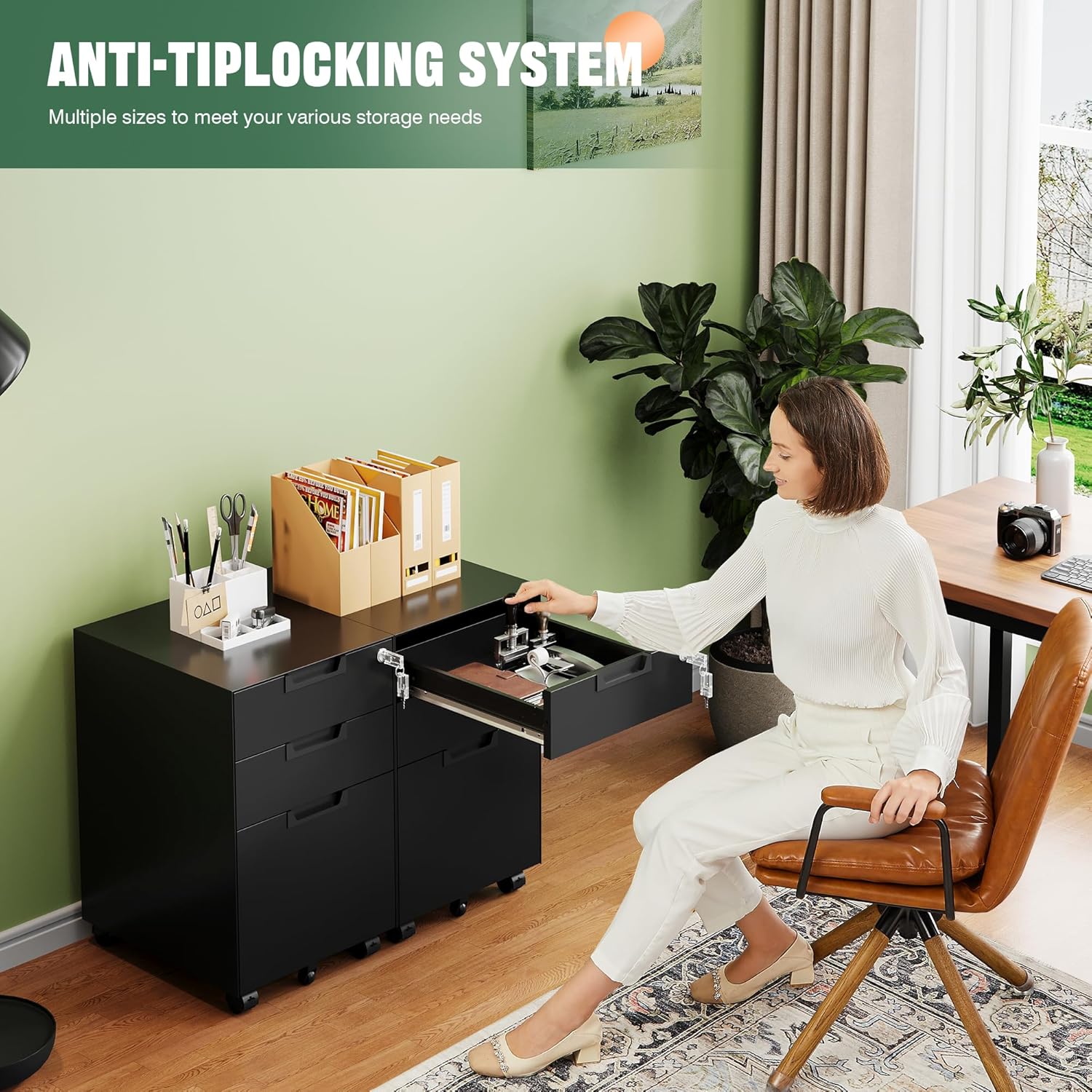 3 Drawer Mobile File Cabinet with Lock,Under Desk Metal Filing Cabinets for Home Office Organizer Letters/Legal/A4((Fully Assembled-Black)