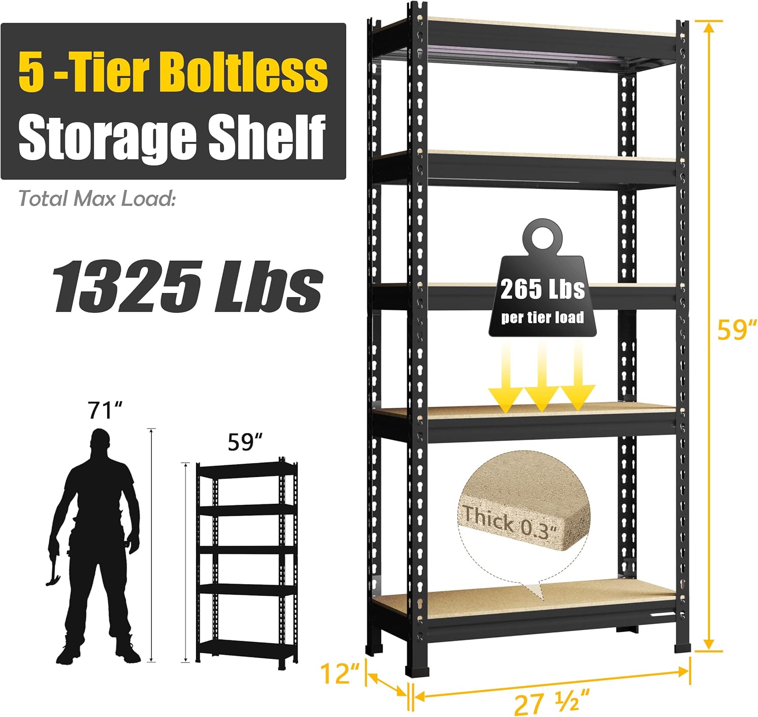 5-Tier Heavy Duty Metal Storage Shelves, Adjustable Utility Rack for Garage, Pantry & Closet, 28"W x 12"D x 59"H, Black