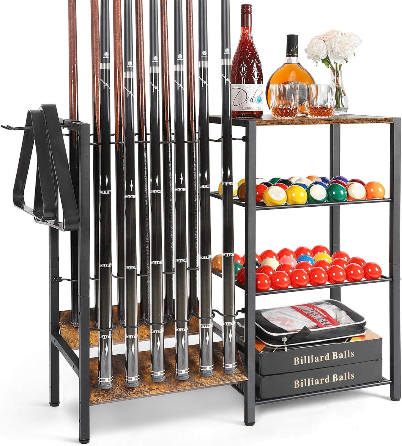 Pool Stick Holder Floor Stand up to 12 Cue Sticks, Pool Cue Holder with Balls Storage, Pool Table Accessories Stand Large Pool Cue Rack Equipment Organizer Cue Stick Holder for Billiard Game Room