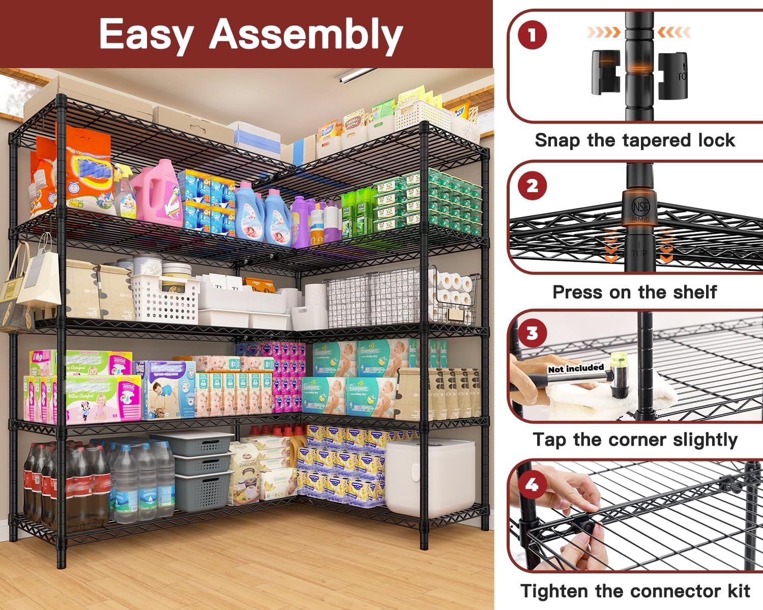 5-Tier Heavy Duty Steel Wire Shelving Unit, Adjustable Garage Storage Rack for Warehouse, Kitchen & Pantry, 72"W x 16"D x 76"H, Black