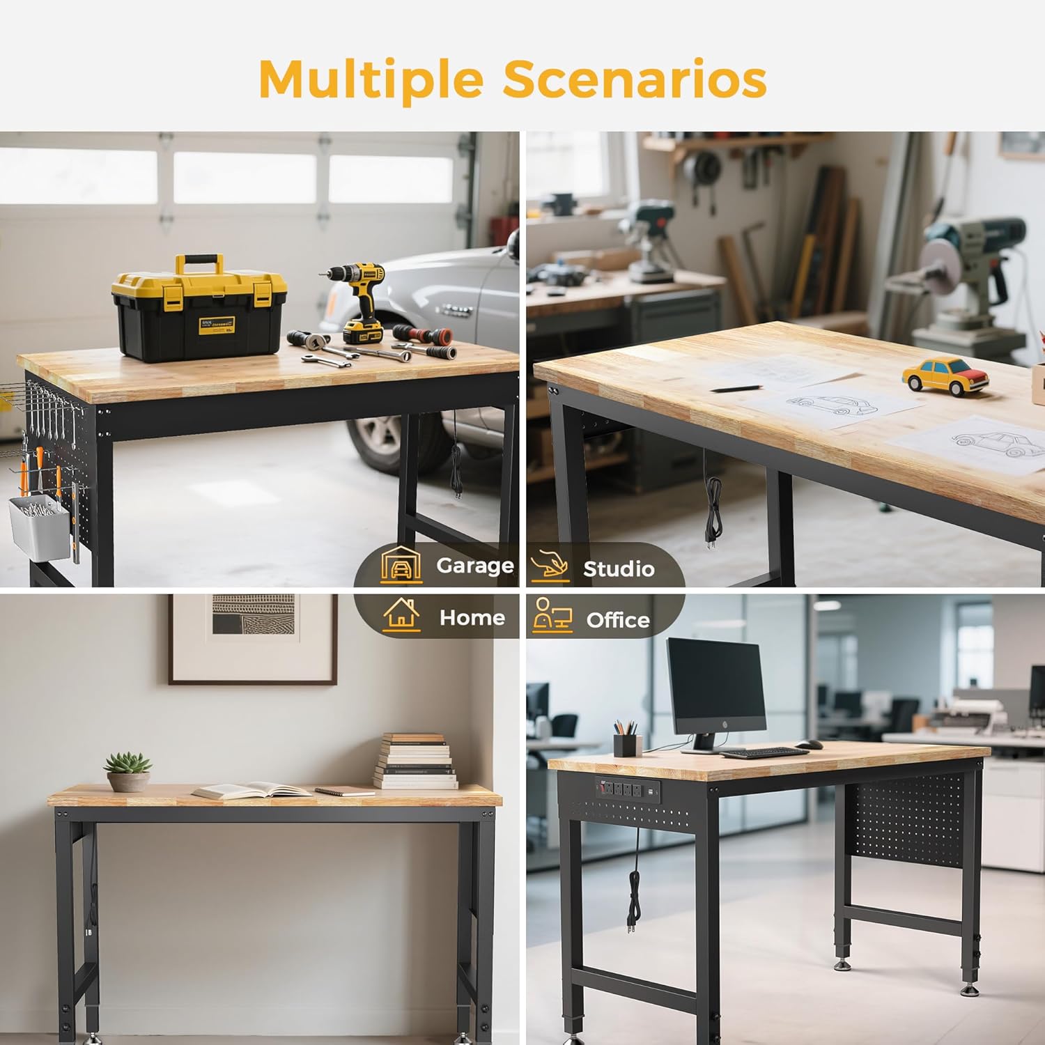 47.6" Adjustable Heavy Duty Workbench, 2000 lbs Load Rubberwood Work Table with Pegboard & Power Outlets for Garage, Workshop & Home