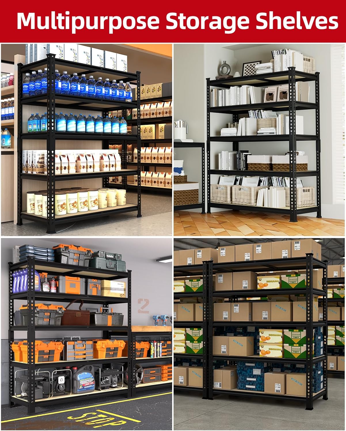 5-Tier Heavy Duty Metal Storage Shelves, Adjustable Utility Rack for Garage, Pantry & Closet, 28"W x 12"D x 59"H, Black