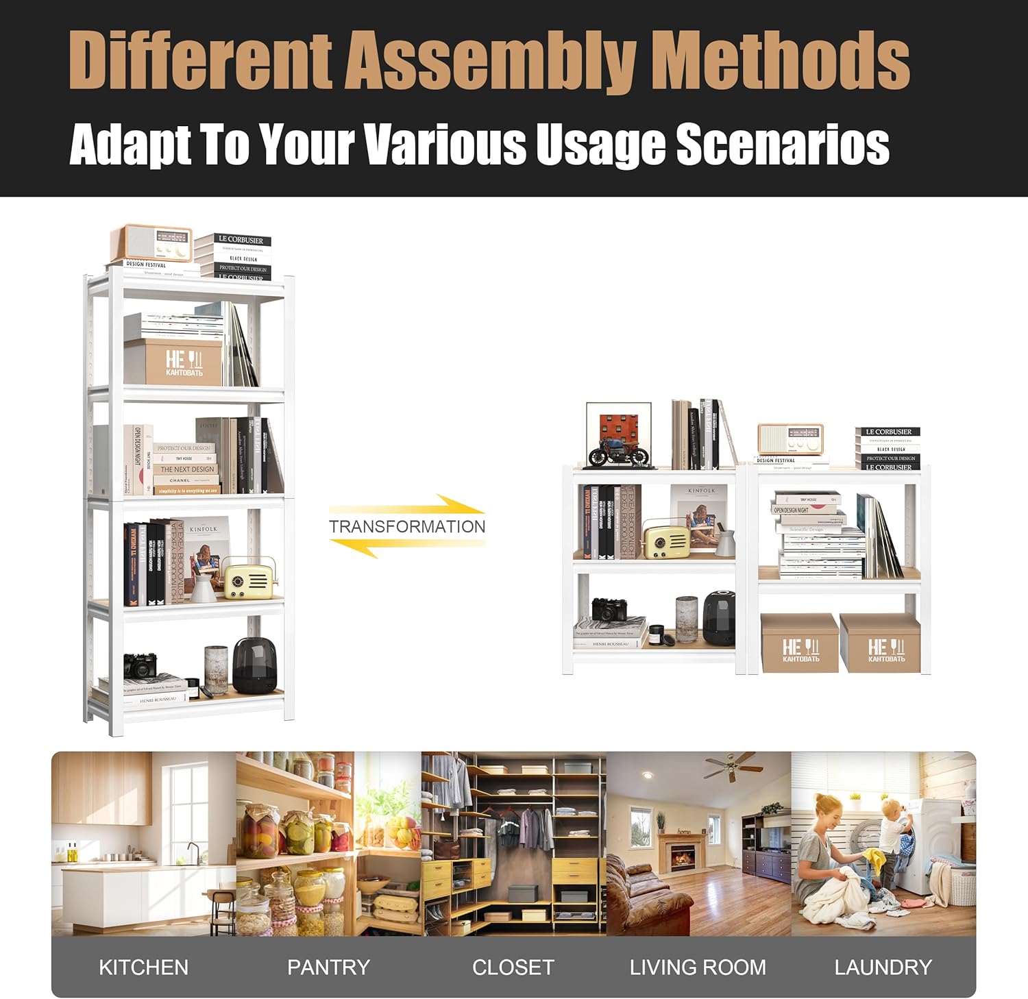 5-Tier Adjustable Bookshelf, Modern Open Storage Shelf for Living Room, Bedroom & Office, 27.6"W x 11.8"D x 59.8"H, White