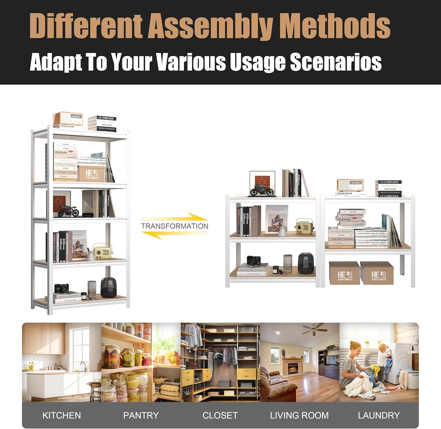 5-Tier Adjustable Bookshelf, Modern Open Storage Shelf for Living Room, Bedroom & Office, 27.6"W x 11.8"D x 59.8"H, White