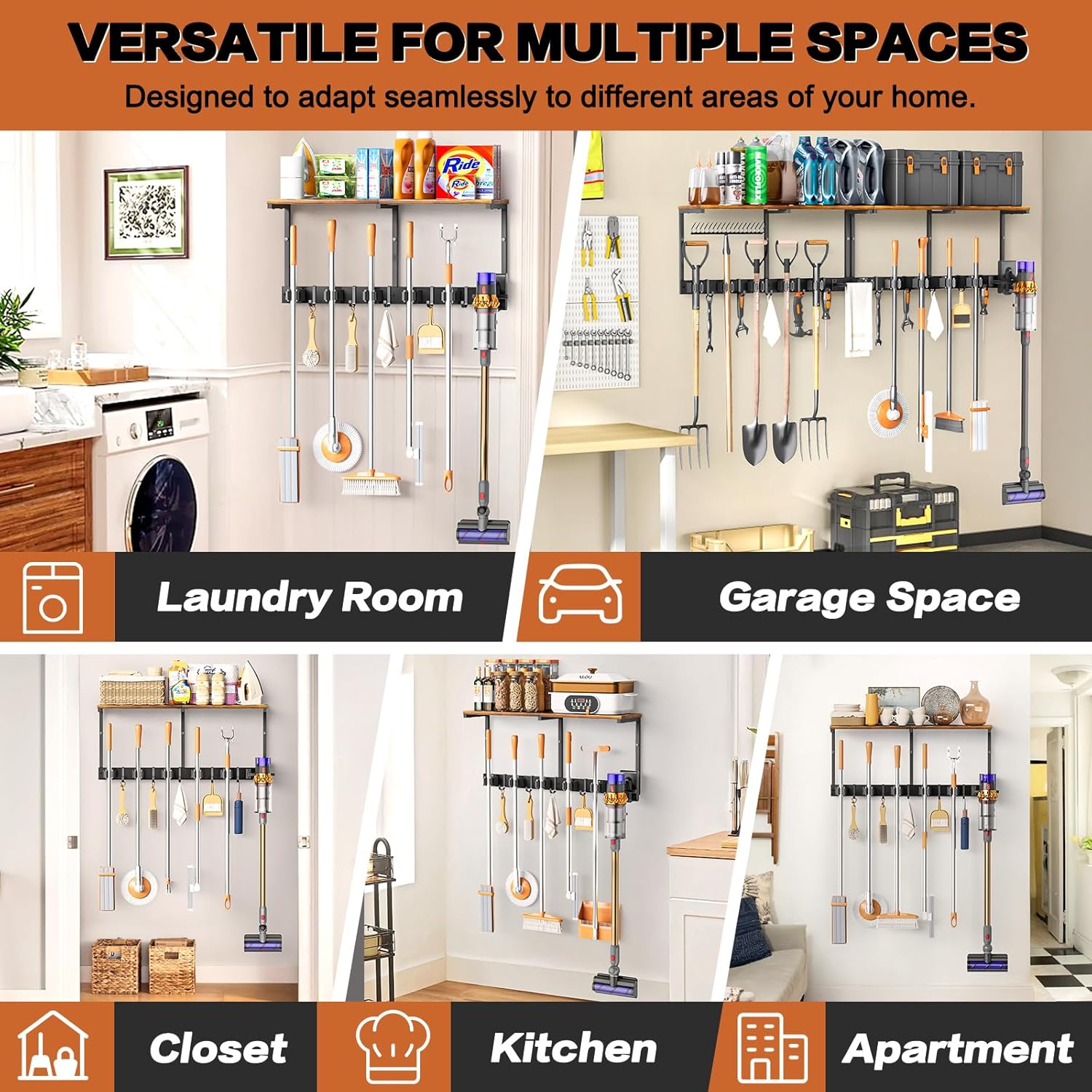 Broom Holder Wall Mount with Cleaning Supplies Organizer, Laundry Room Organization and Storage Shelves with Ironing Board Holder, Mop Hanger Broom Rack with Hooks, Home Improvement Garage Organizer