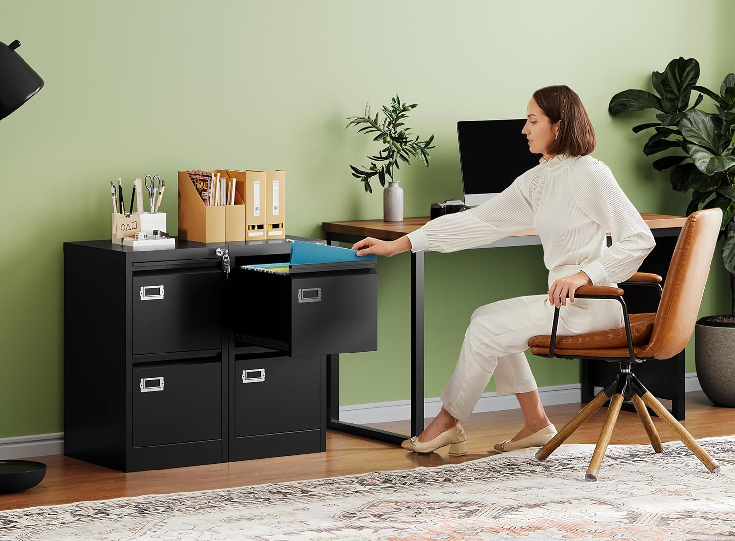 2 Drawer File Cabinet with Lock,Metal Office Small Filing Cabinets for Home Office,Storage Letter,Black-Easy Assemble