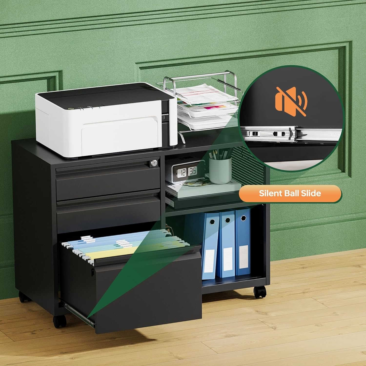 Mobile 3 Drawer File Cabinet with Lock-Metal Lateral Rolling Printer Stand Filing Cabinets for Home Office-Storage A4/F4/Letter (Black)