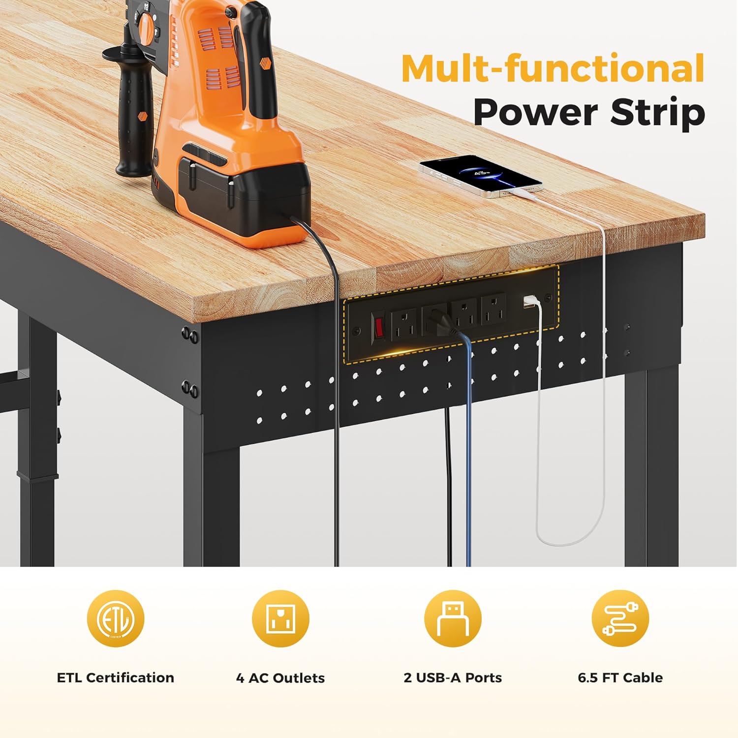 96" Adjustable Heavy Duty Workbench, 2000 lbs Load Rubberwood Work Table with Pegboard & Power Outlets for Garage, Workshop & Commercial Use