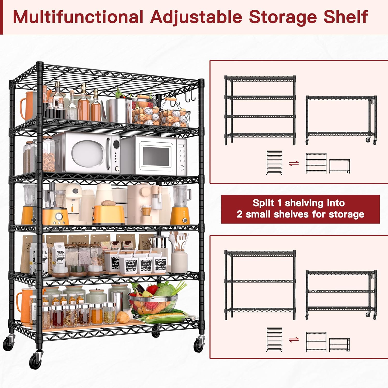 5-Tier Heavy Duty Wire Shelving with Wheels, Adjustable NSF-Certified Rolling Storage Rack for Kitchen, Garage & Laundry, 36"W x 14"D x 74"H