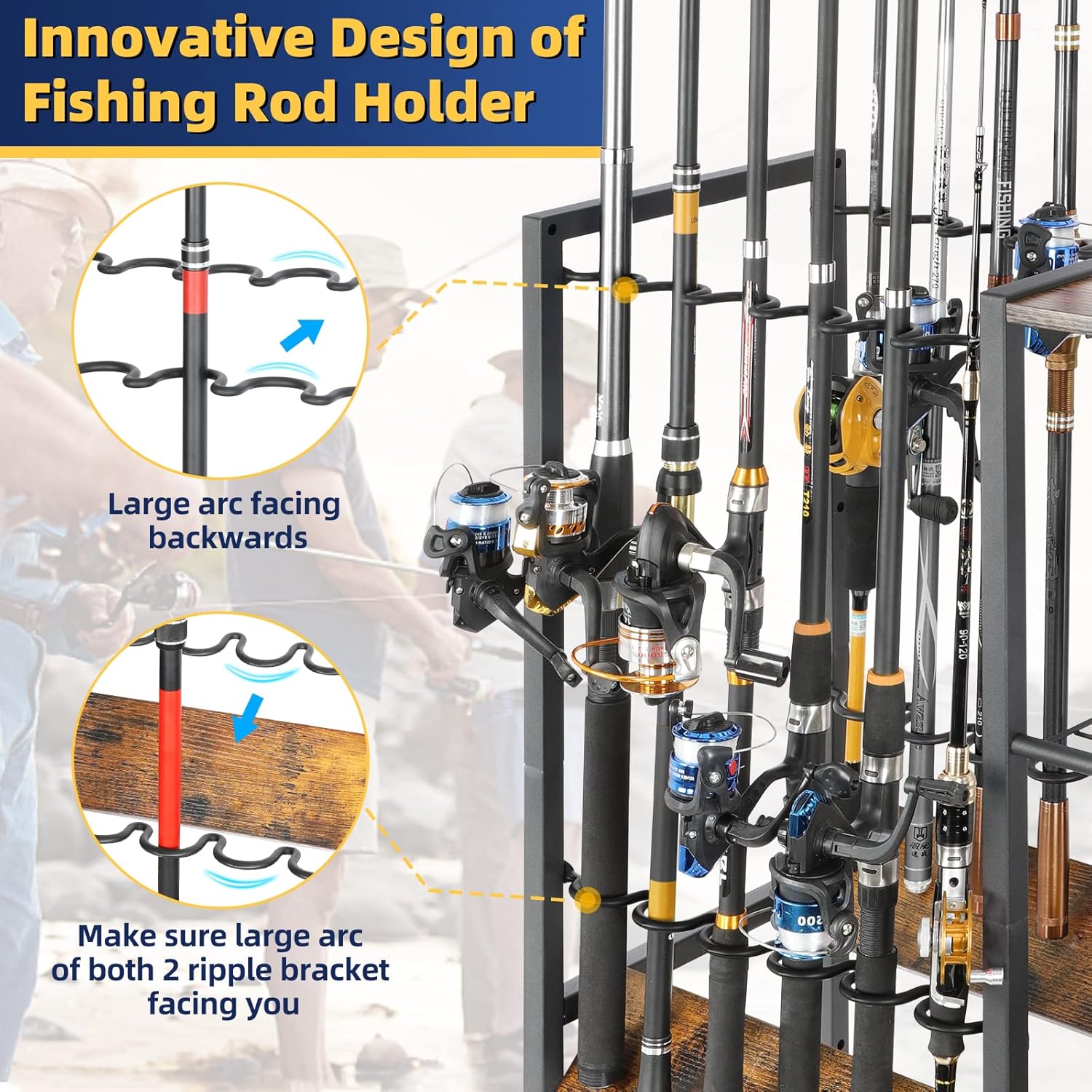Fishing Rod Holders for Garage, Fishing Pole Holders Rolling Cart with Tackle Storage Organizer for Boat Home Entryway, Equipment Box & Reel Organization, Ideal Gift for Men Dad Anglers