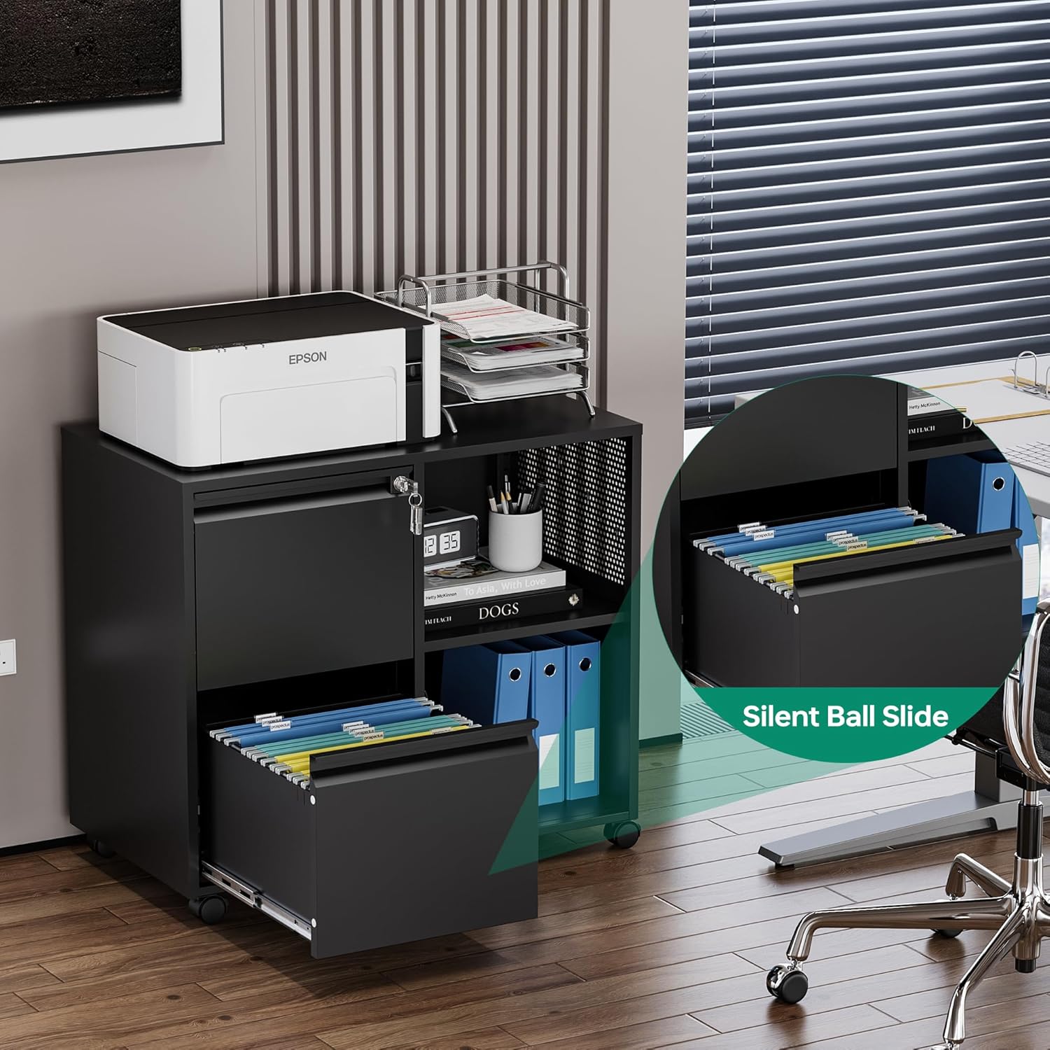 Mobile 3 Drawer File Cabinet with Lock-Metal Lateral Rolling Printer Stand Filing Cabinets for Home Office-Storage A4/F4/Letter (Black)