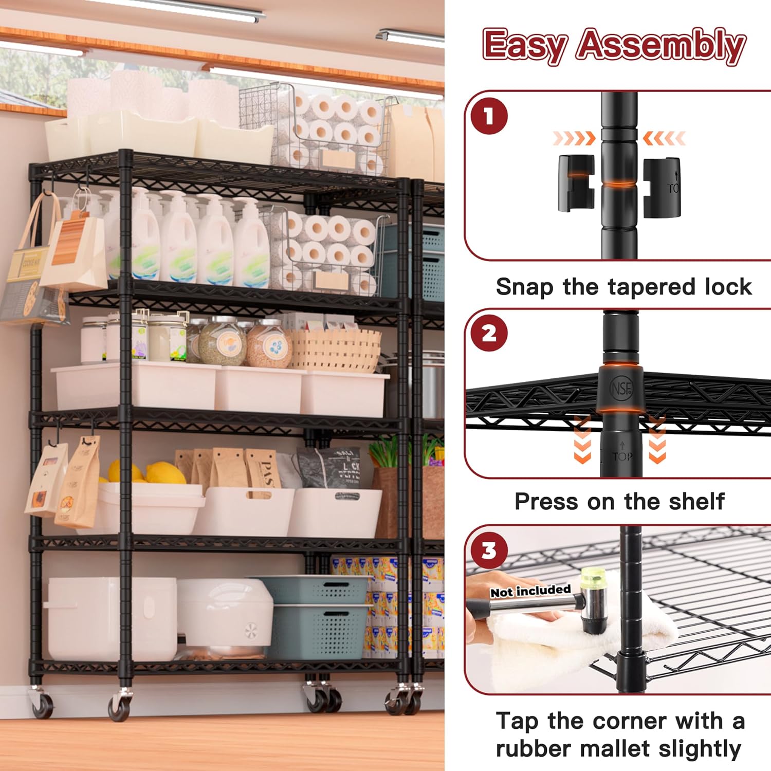 5-Tier Heavy Duty Wire Shelving Unit, Adjustable NSF-Certified Steel Storage Rack for Garage, Kitchen & Pantry, 35.5"W x 14"D x 72"H, Black