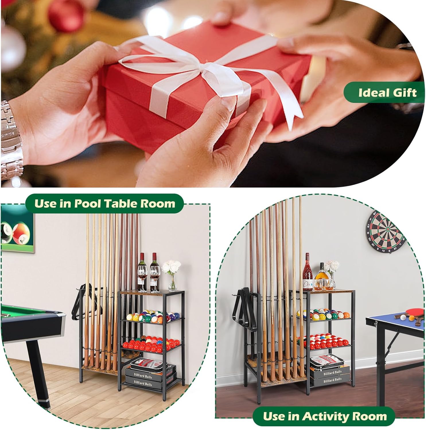 Pool Stick Holder Floor Stand up to 12 Cue Sticks, Pool Cue Holder with Balls Storage, Pool Table Accessories Stand Large Pool Cue Rack Equipment Organizer Cue Stick Holder for Billiard Game Room