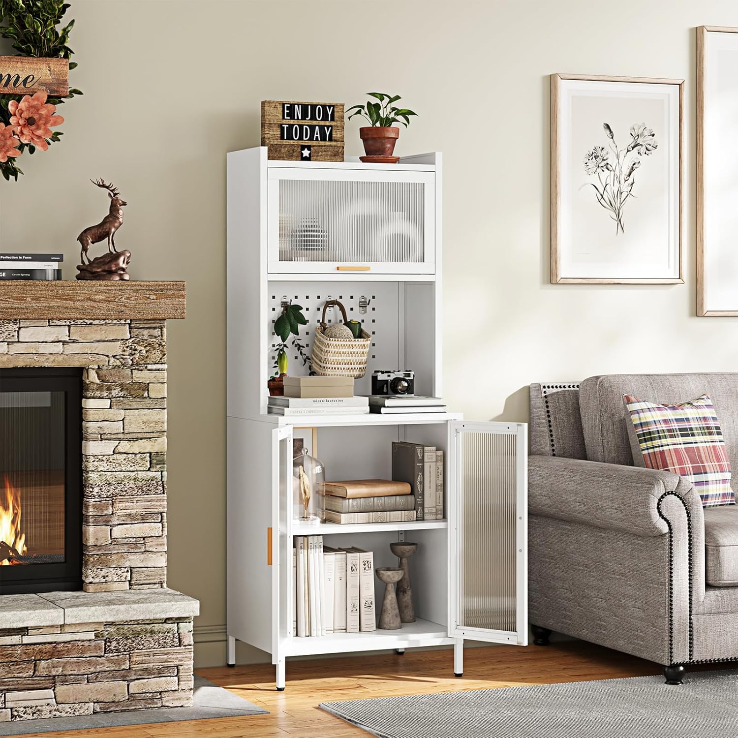 Kitchen Pantry Cabinet,72.6" Tall Kitchen Bakers Rack with Storage, Coffee Hutch with countertop,Metal Microwave Stand with Glass Doors for Dining Room, Laundry, Hallway,White