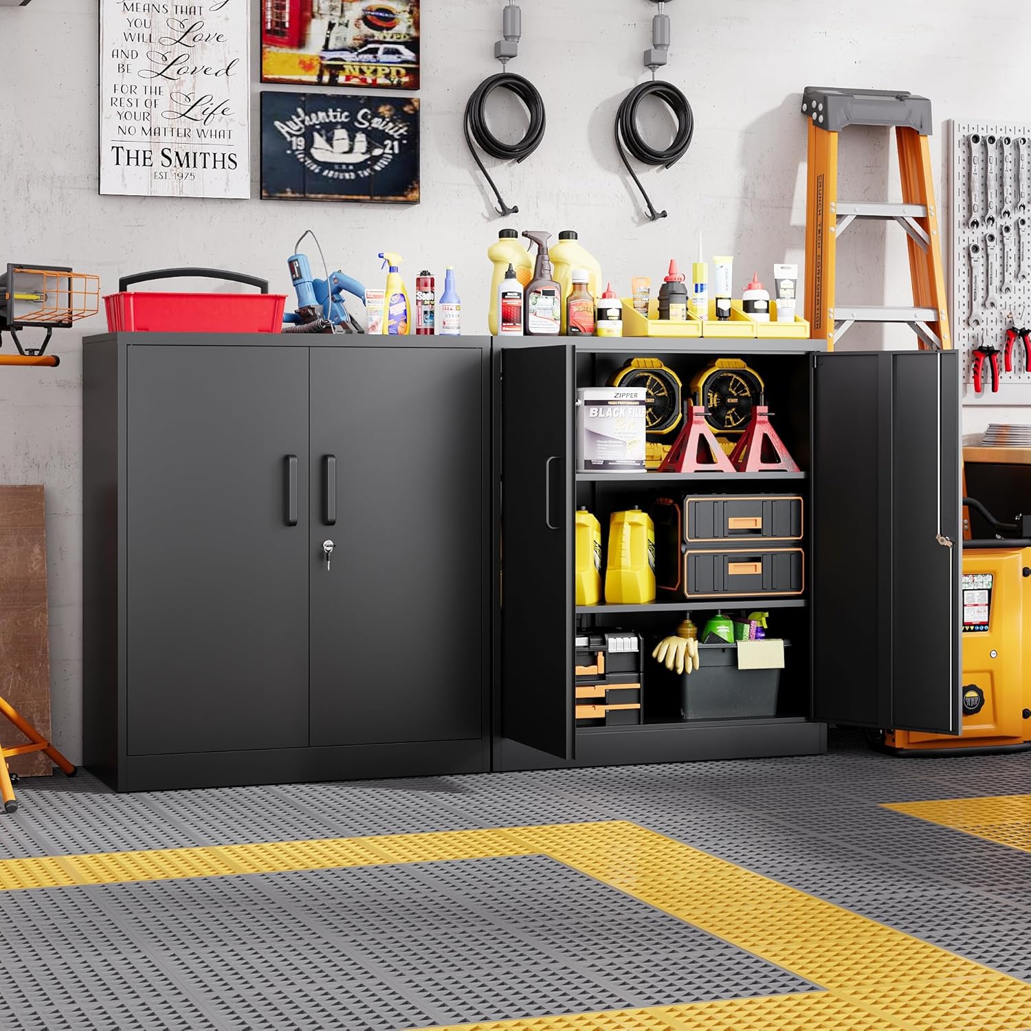 Metal Storage Cabinets with Lock, Small Locker Steel Cabinets, Adjustable Shelves 2 Doors for Home,Office, Warehouse,Garage(Black-36)